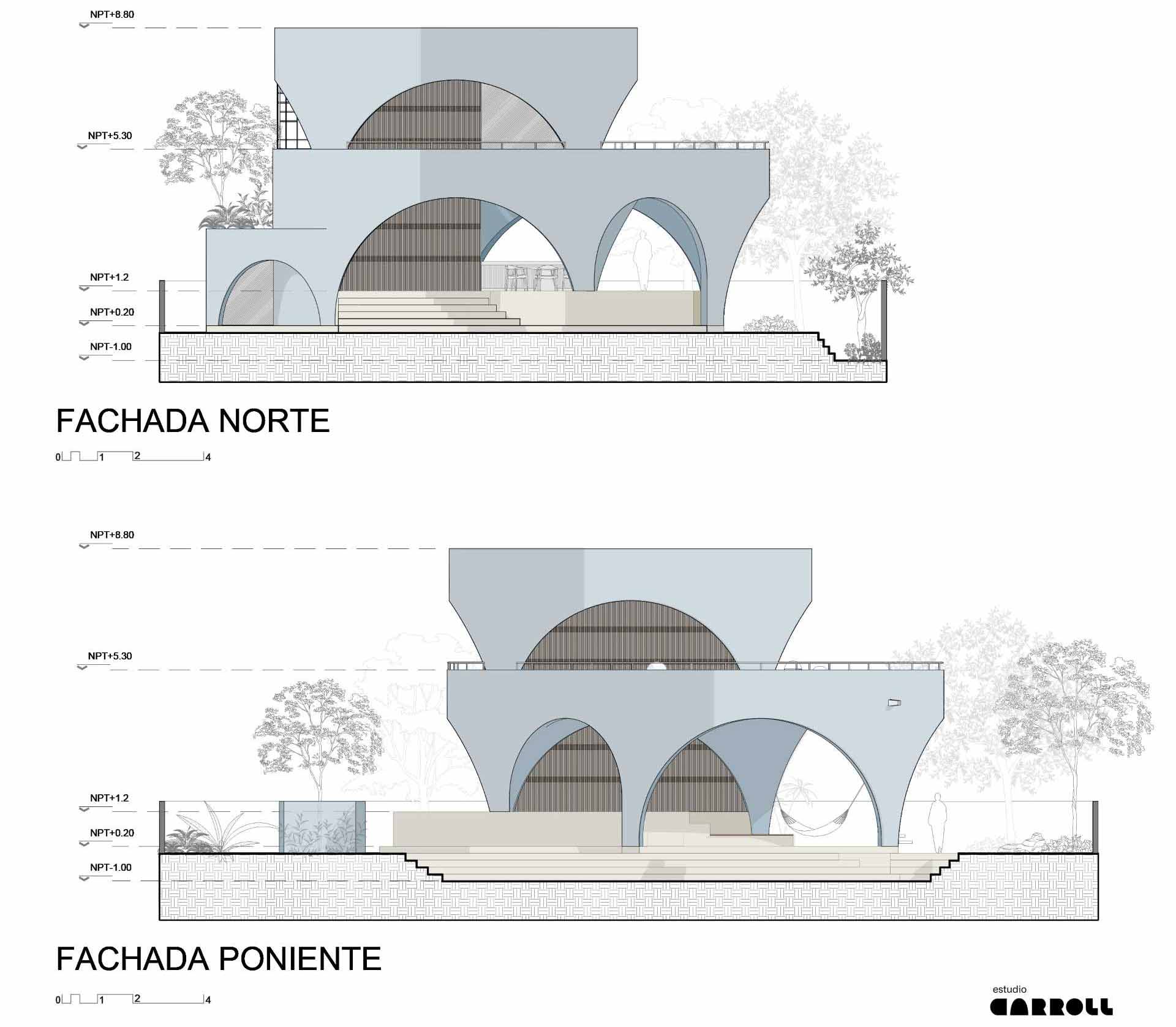 The architectural drawings of a modern concrete home with a curved design and open arches.