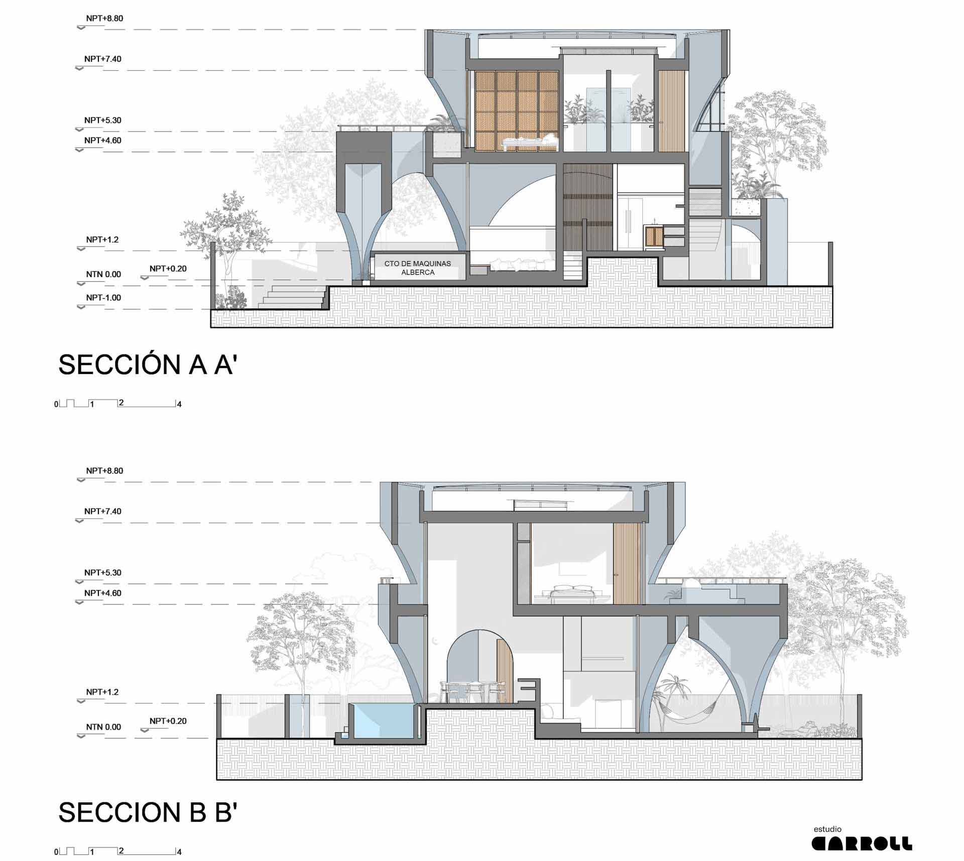 a modern concrete home with a curved design and open arches.