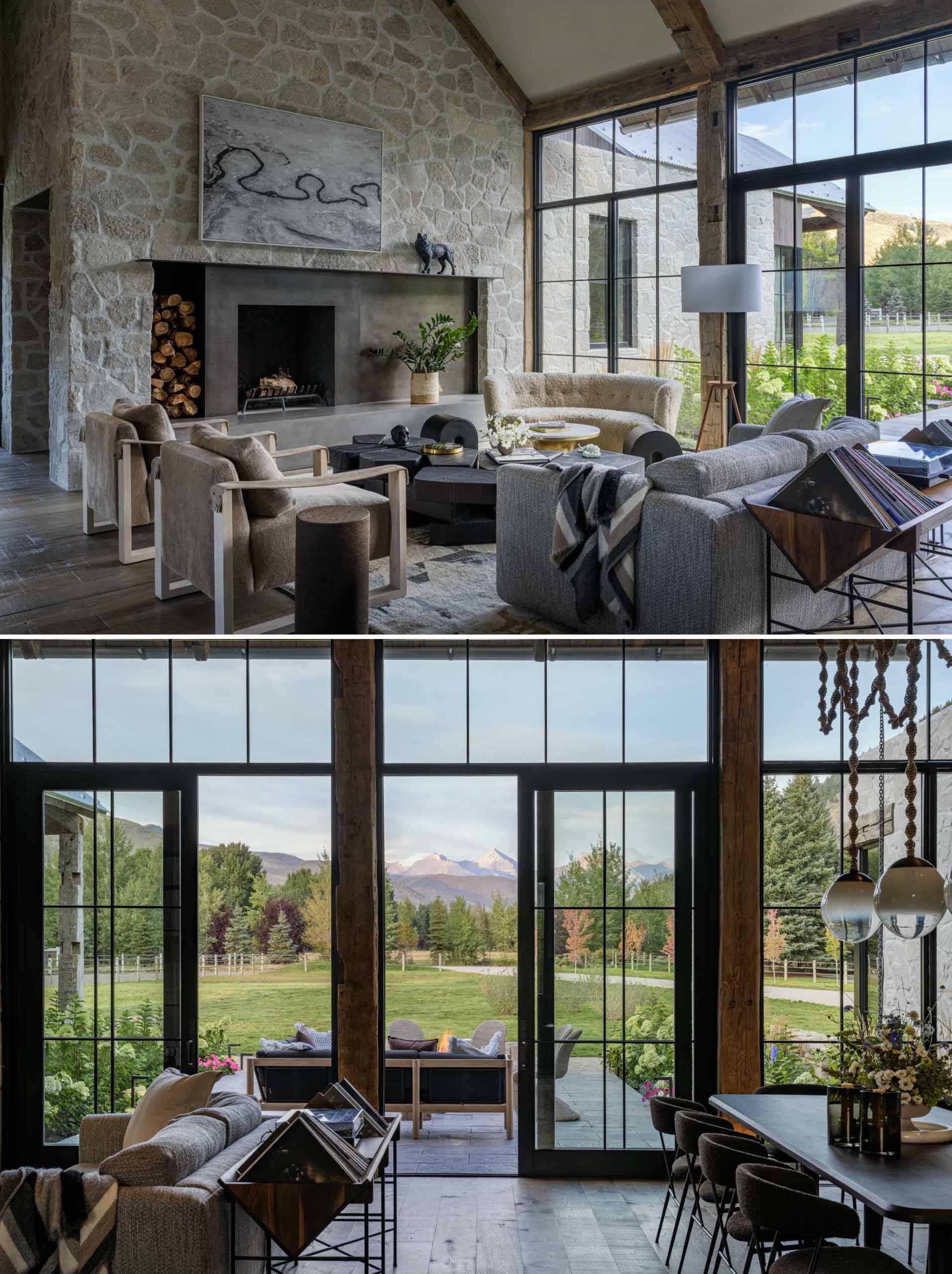 The main living area of this ranch home has floor-to-ceiling glass offering year-round views of the surrounding mountains, and inviting the outdoors in.