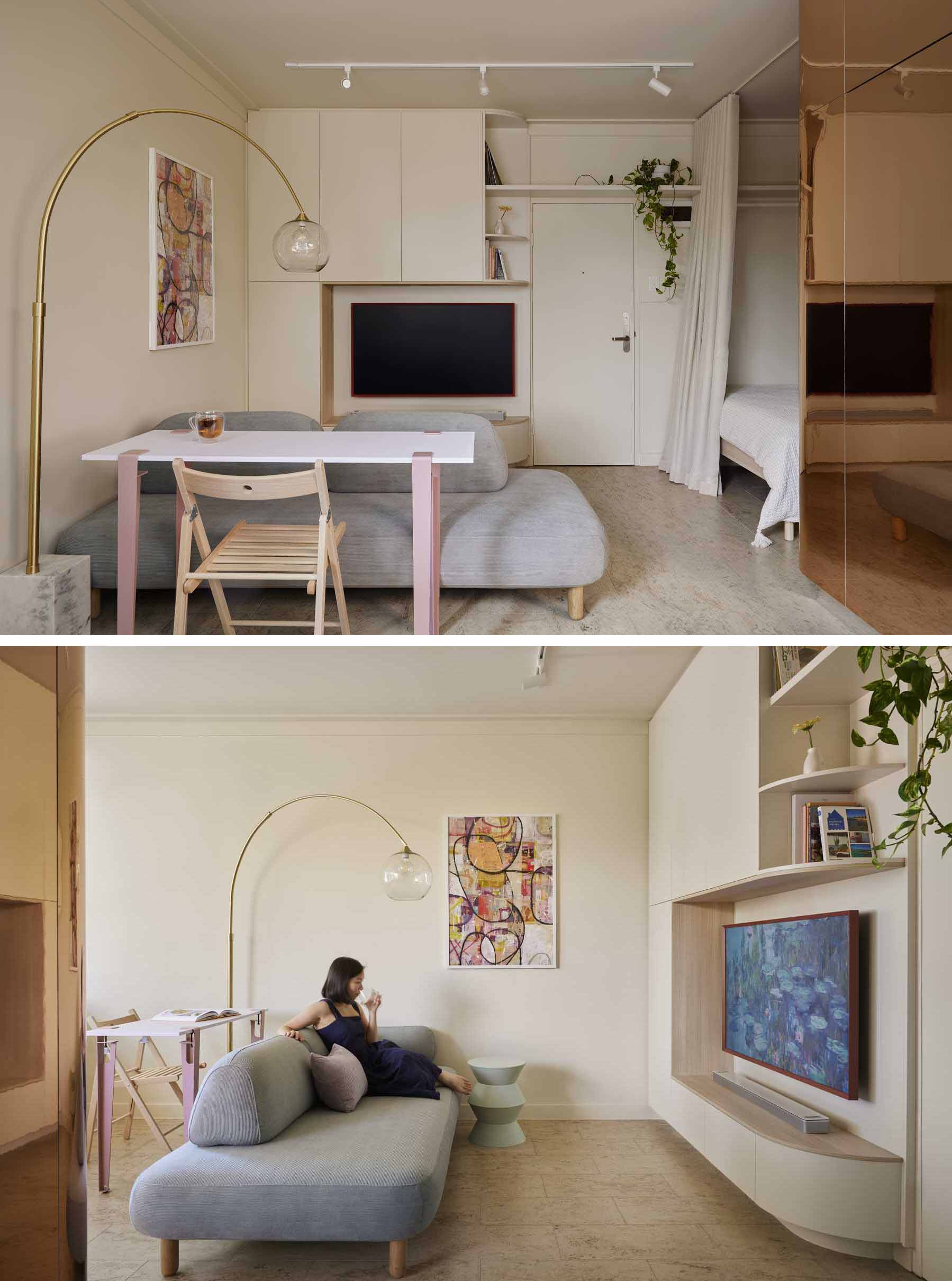 Stepping inside this micro apartment, you are immediately in the living room, with a custom cabinet that wraps around the TV, open corner shelving, and a floating shelf that spans across the front door.