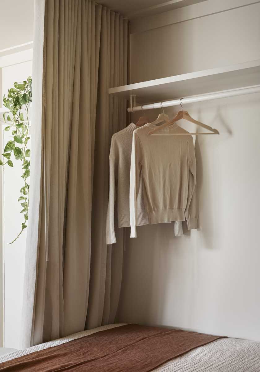 A clothing rod mounted underneath a shelf adds much-needed storage in the small space.