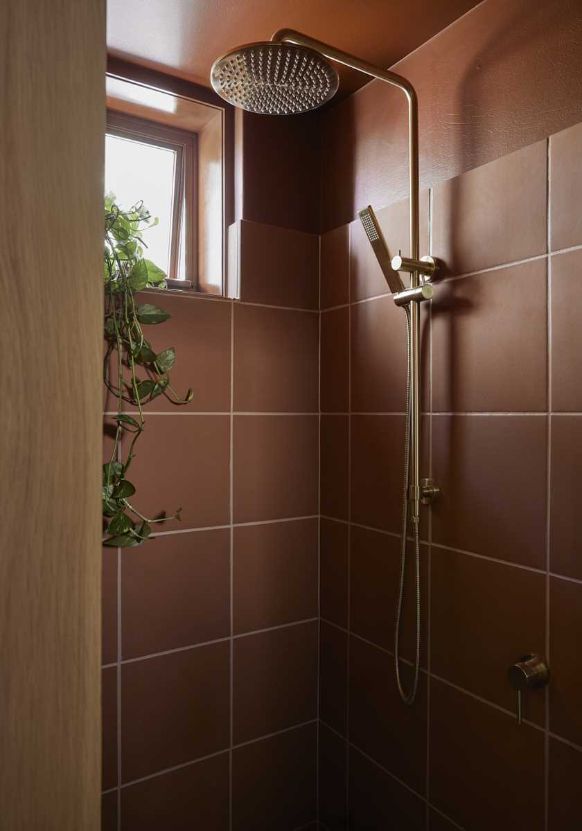 A modern shower features a warm terracotta color scheme.