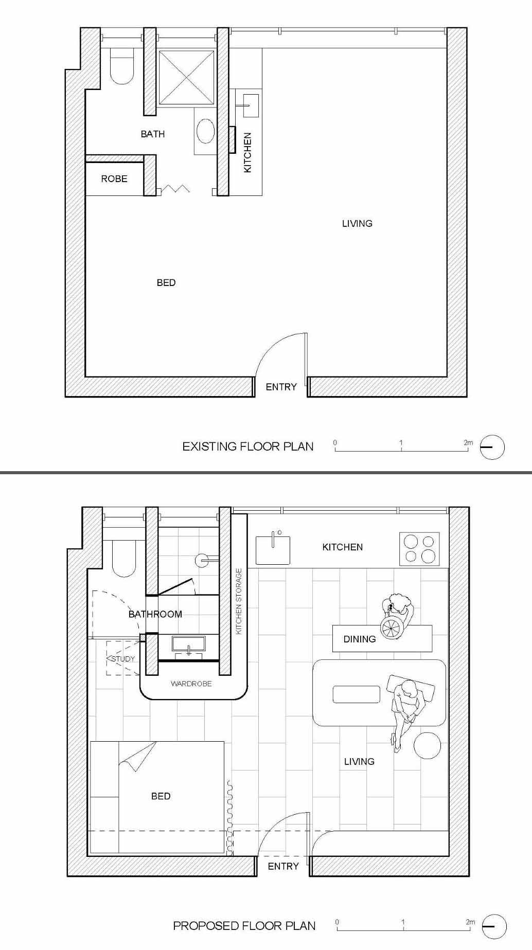 The floor plan of a renovated modern micro apartment with a multi-functional brass clad pod.