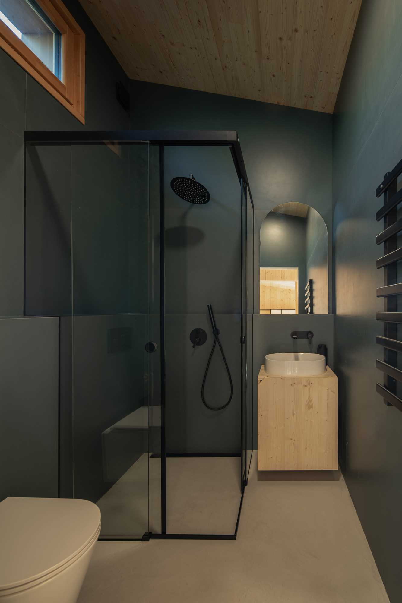A modern bathroom with dark walls, black accents, and an angled wood ceiling.