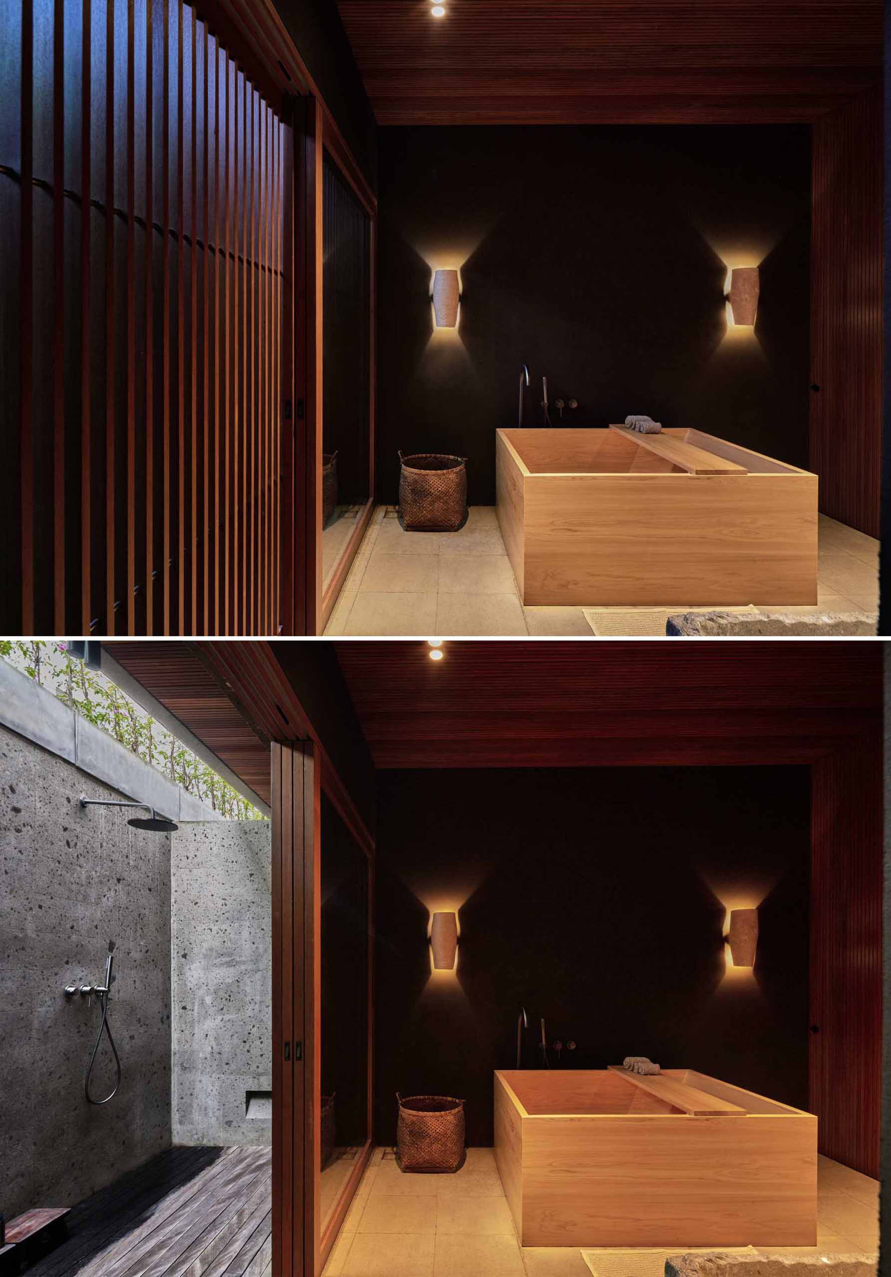 Japanese-inspired bathroom with deep wood soaking tub and outdoor shower.