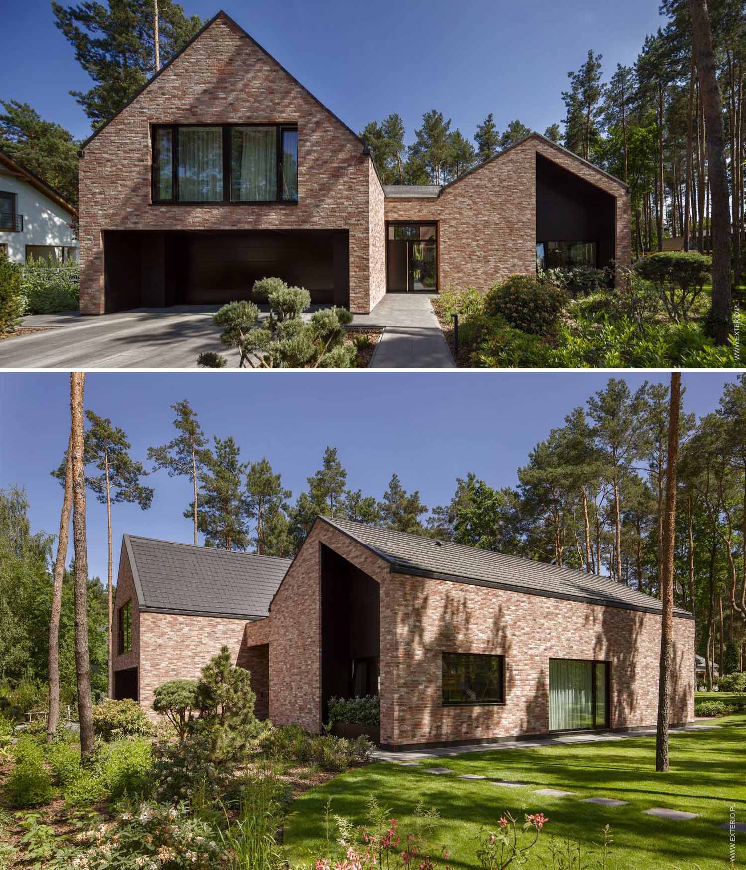 A modern home with a handmade rustic brick exterior, and dark ceramic roof tiles.