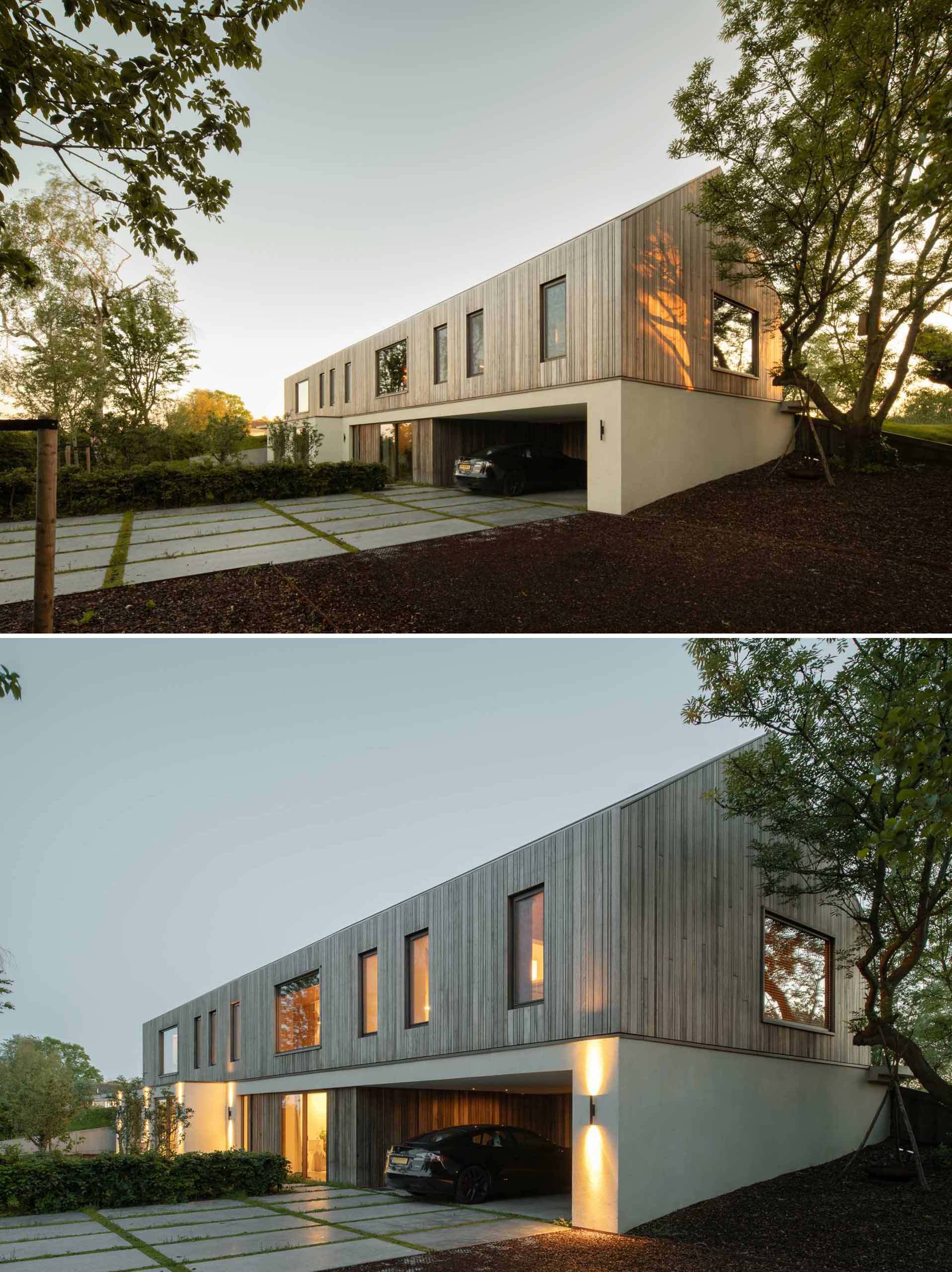 The entrance facade of this modern home combines the Padoek wood siding with stucco for a modern appearance. At night, lighting is used to highlight the design.