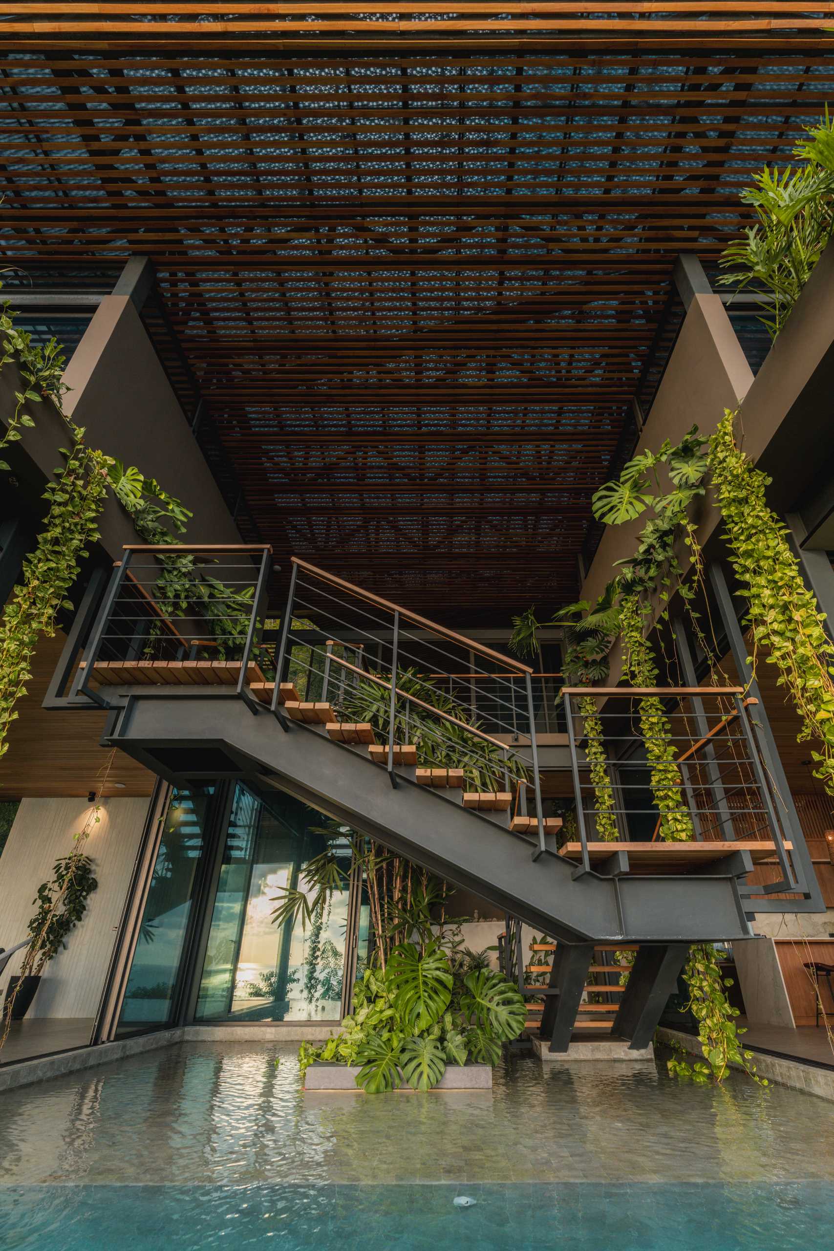 The two levels of this modern tropical home are connected by an open staircase in a central atrium, suspended over a shallow extension of the pool.