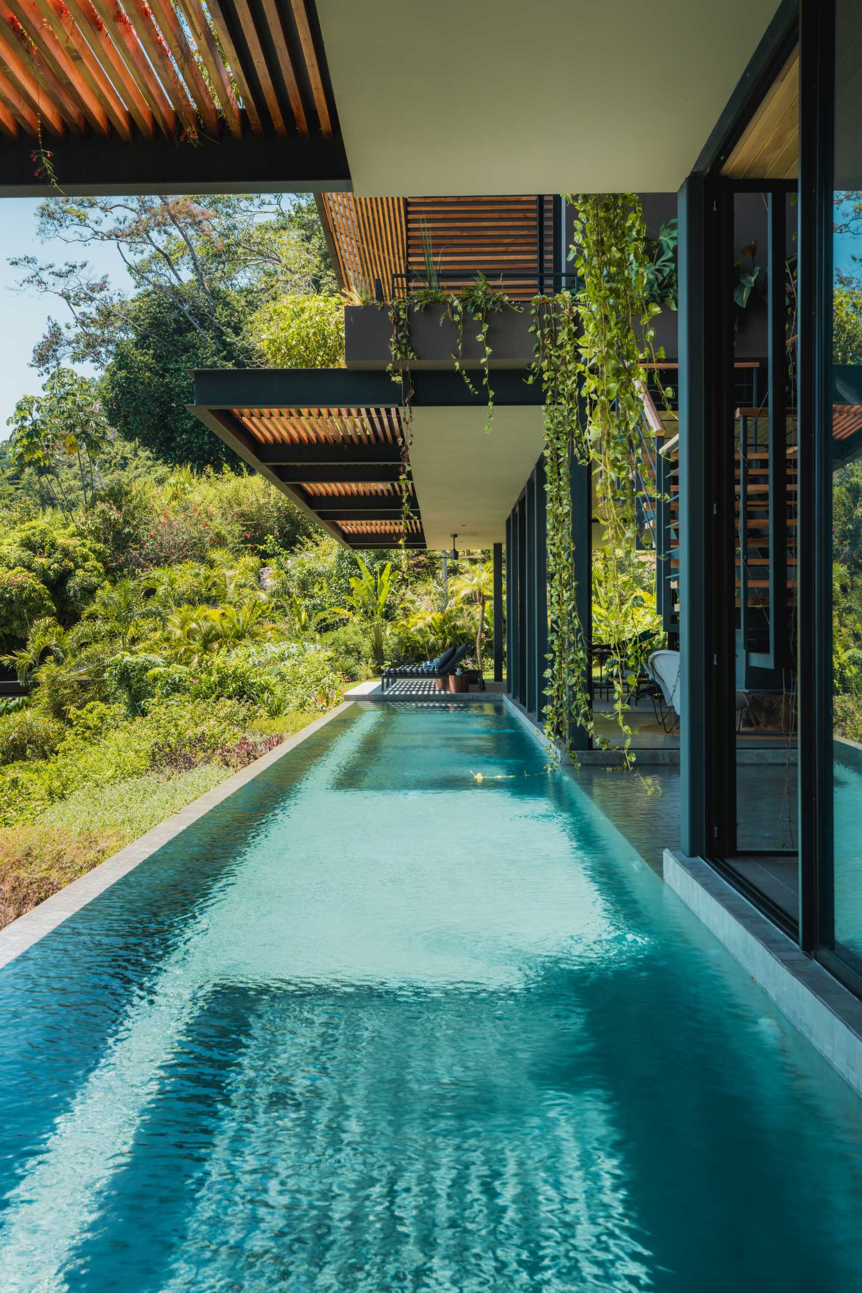 A modern tropical home has a 24-meter infinity lap pool balanced over a steep incline.