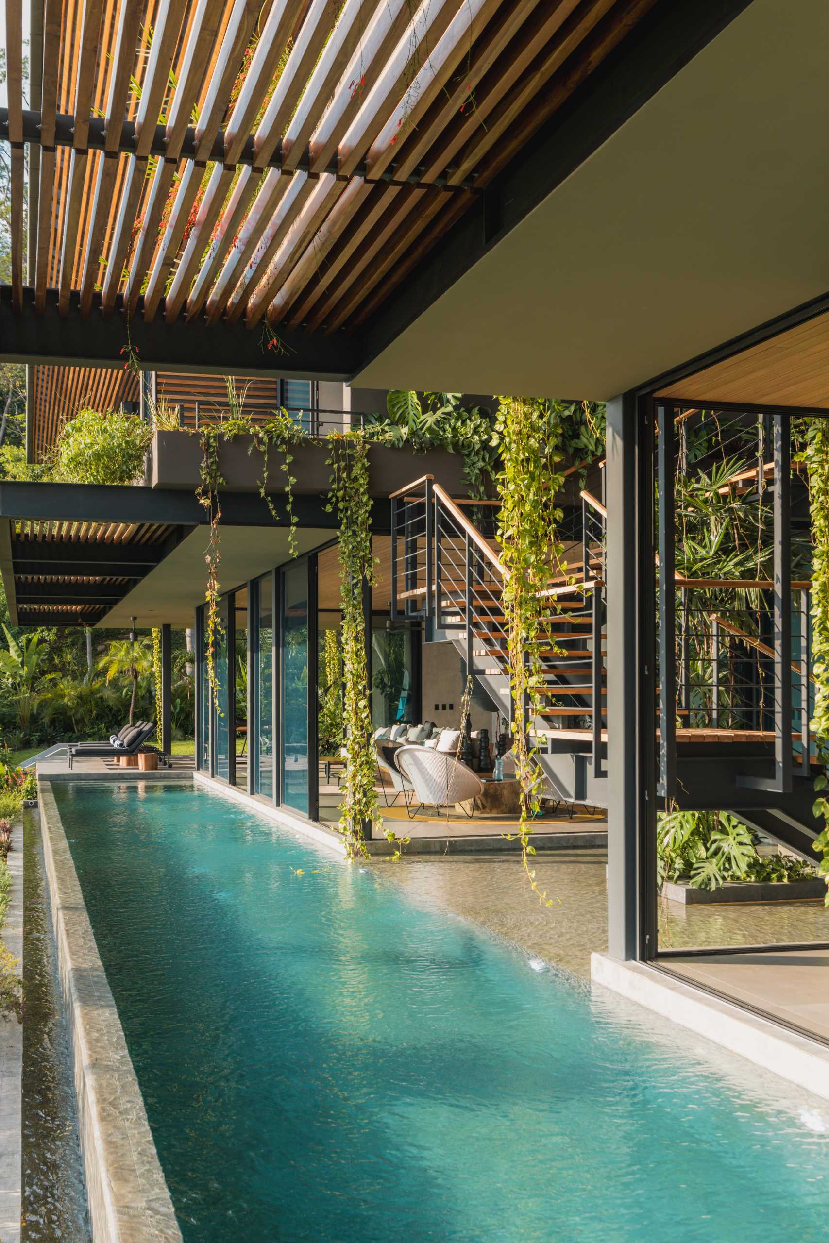 A modern tropical home has a 24-meter infinity lap pool balanced over a steep incline.