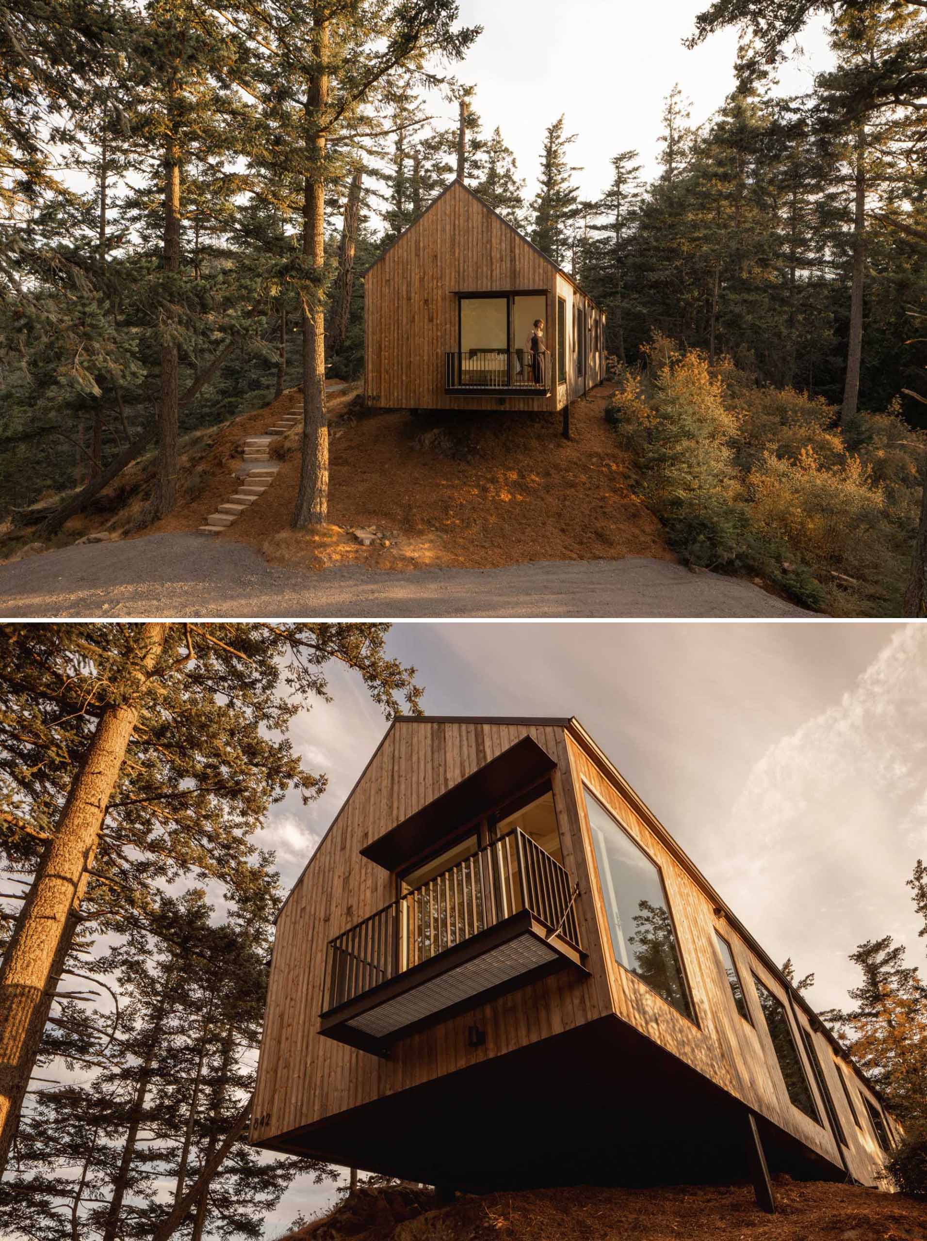 A modern island home with a cantilevered design, wood siding, and a standing seam metal roof.