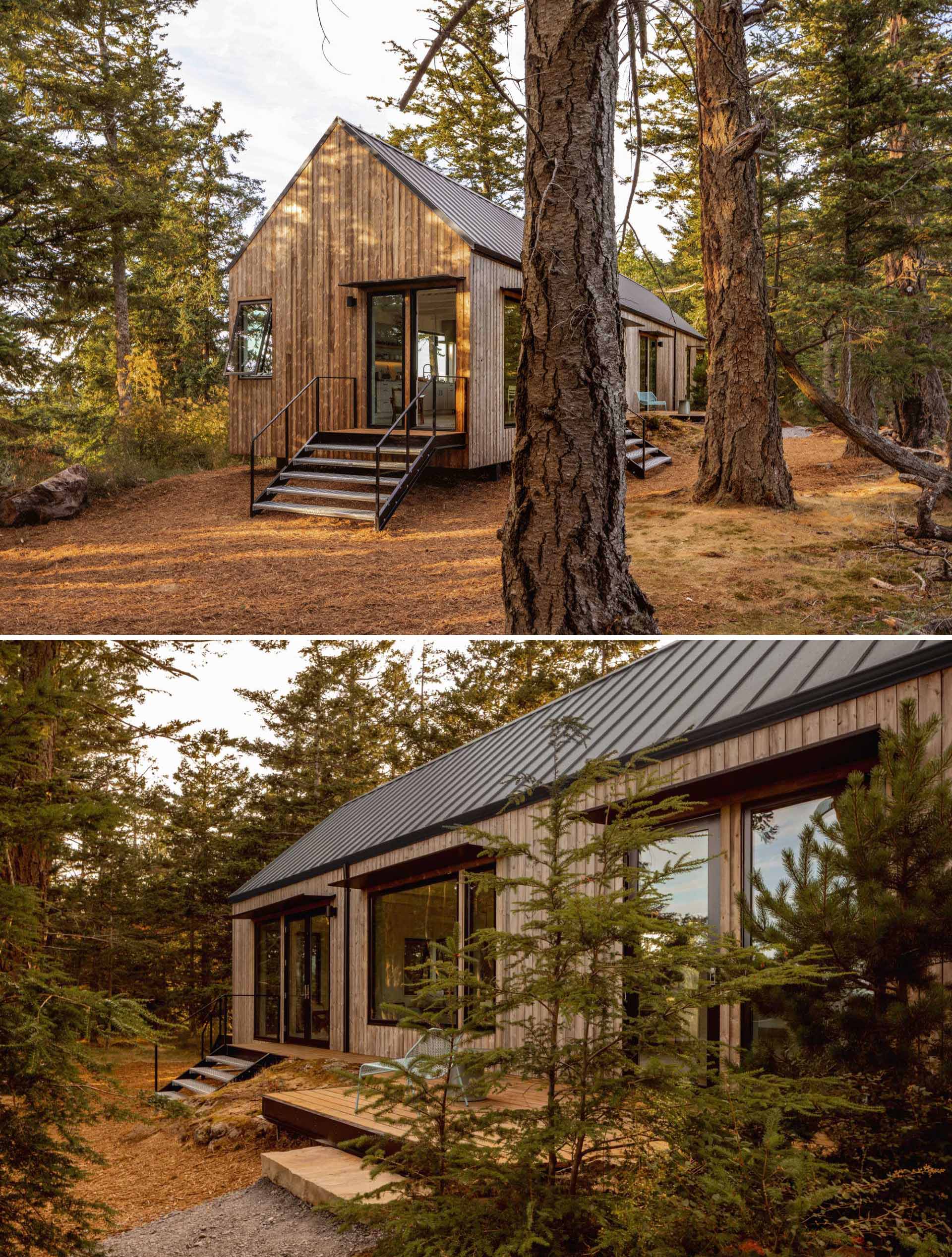 A modern island home with a cantilevered design, wood siding, and a standing seam metal roof.