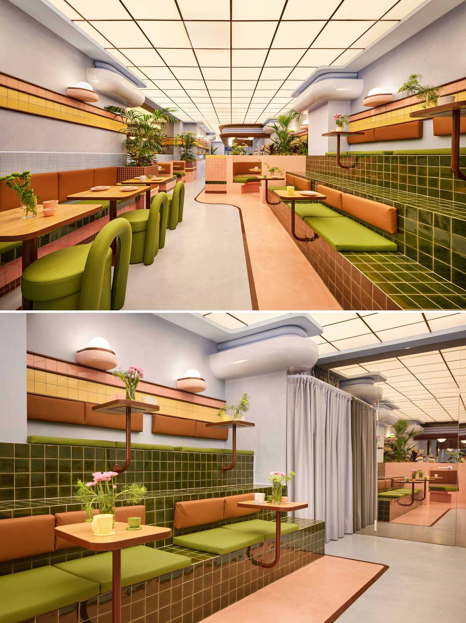 The interior design of Amiko Gelato  blends futuristic design with art deco elements, like curves, glazed tiles, and pastel colors.