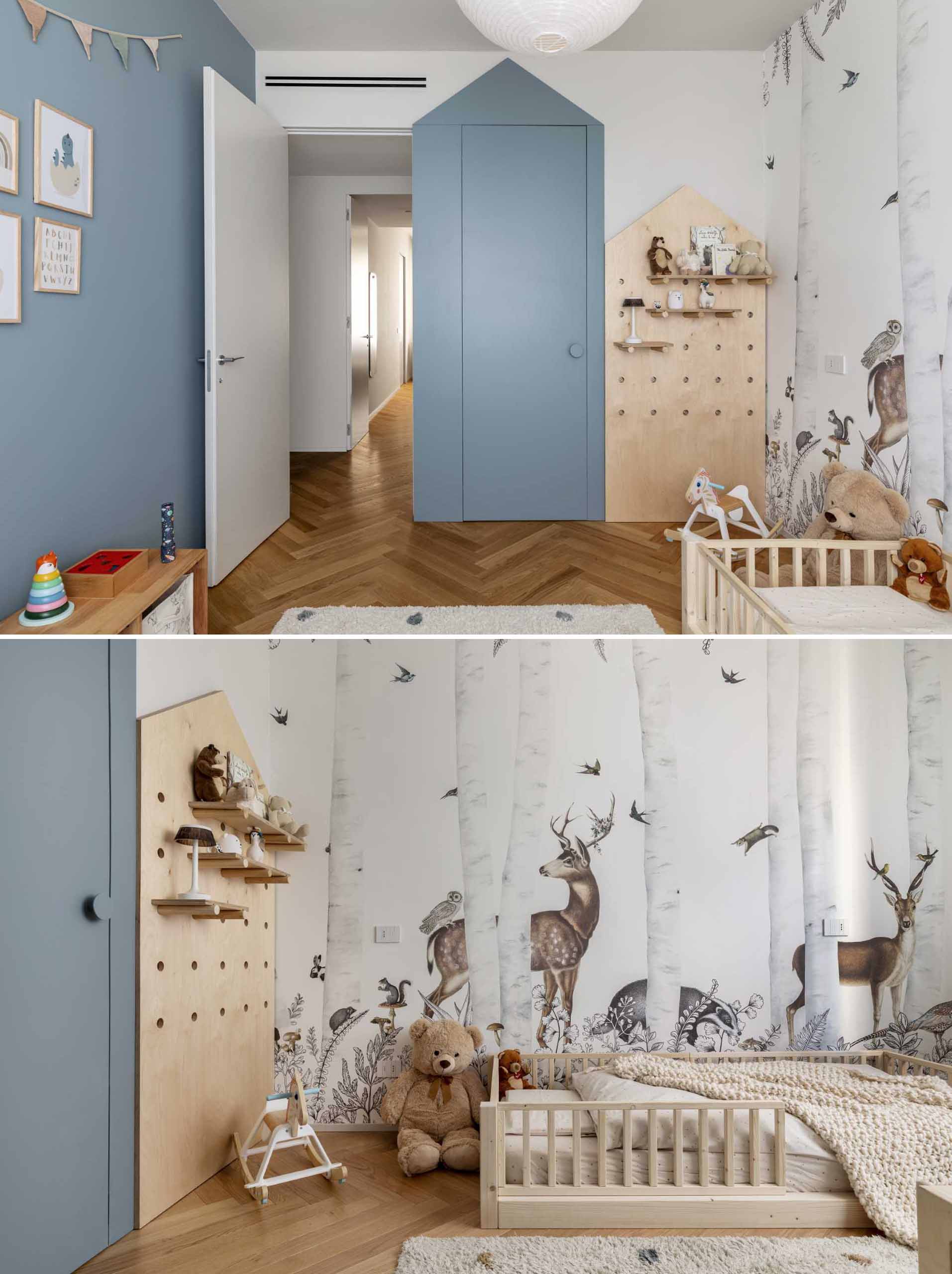 In a child's bedroom, a soft dusty blue has been used to create a contemporary and fun look that also includes a walk-in closet, a pegboard wall with shelves, and a woodland mural.