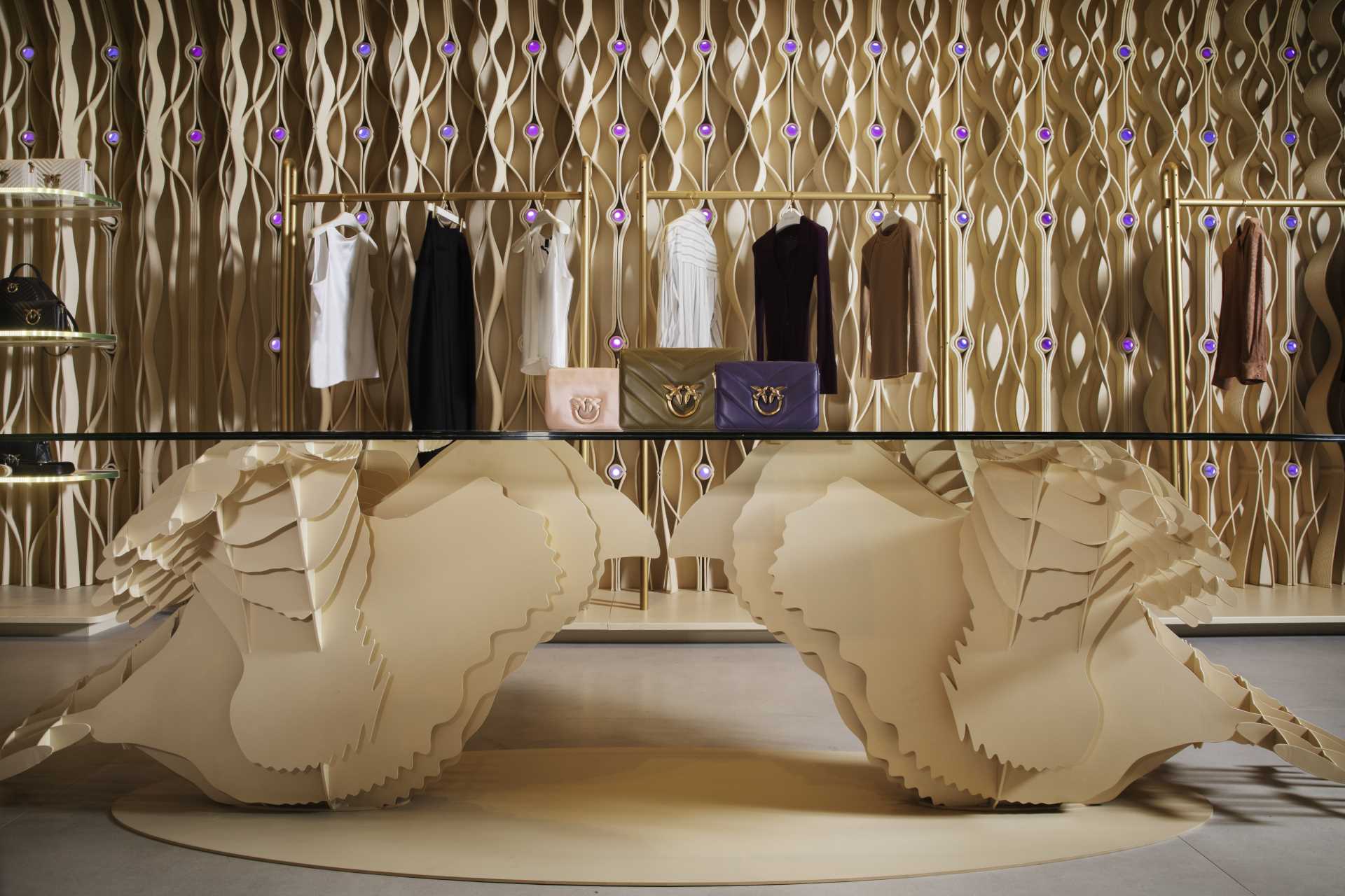 A modern retail store with 3D-printed design elements that line the walls.