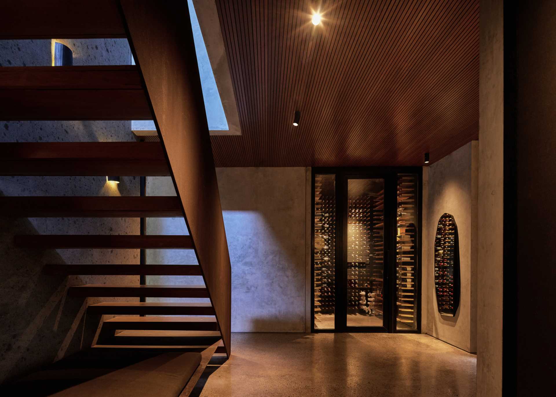 A modern home with a wine cellar.