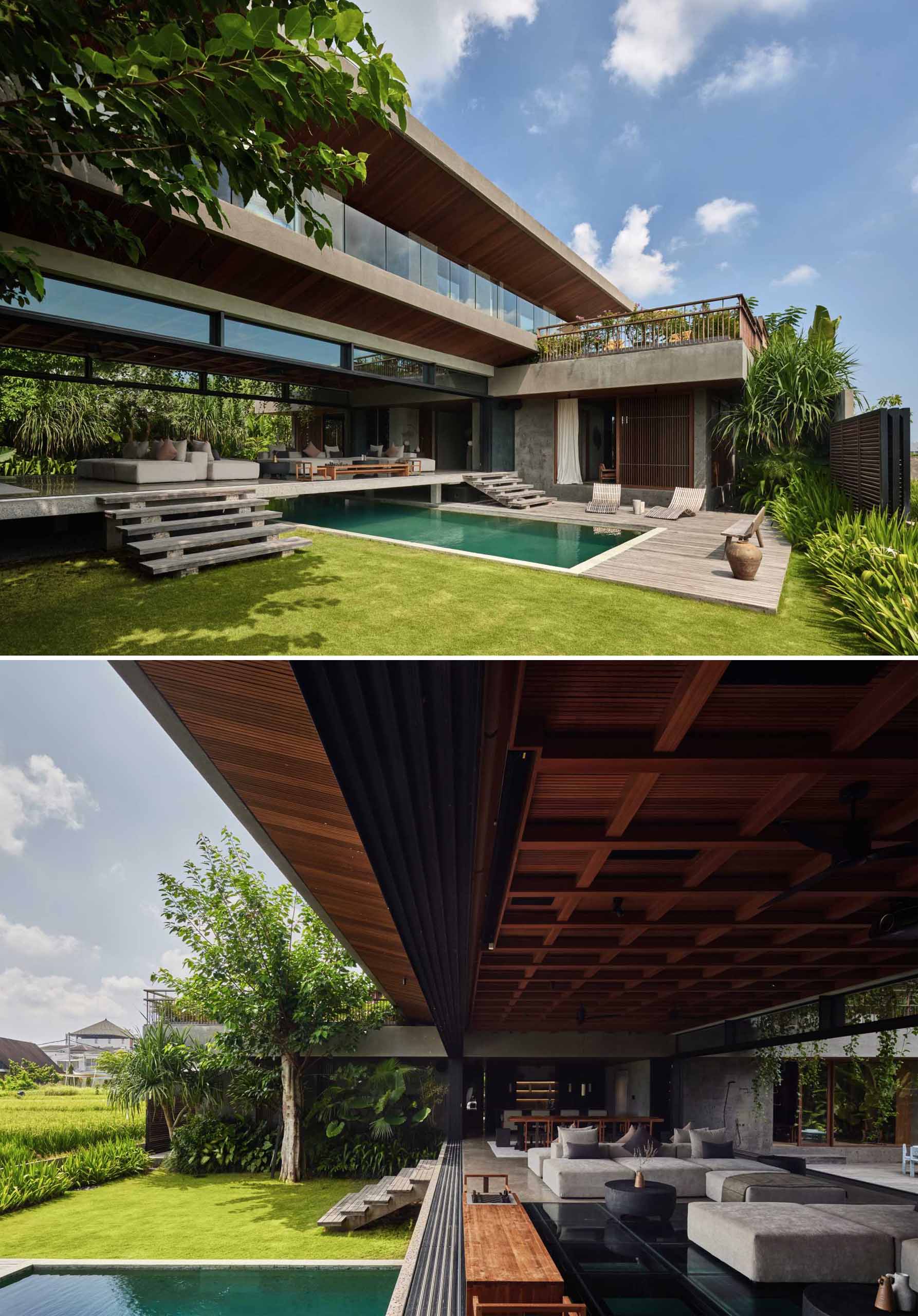 A modern living room features retractable glass walls that transform it into an outdoor space, with a glass floor offering views of the pool below. 