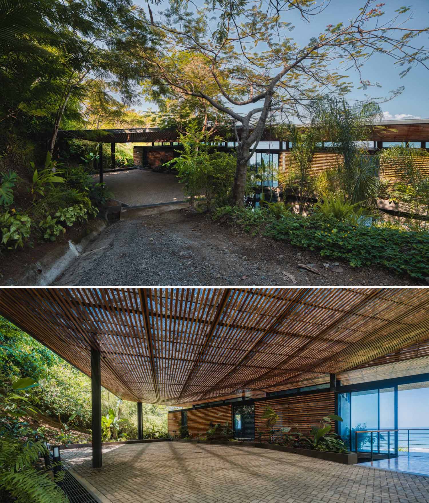 As visitors arrive and descend the driveway, they are offered glimpses of the ocean through the trees, over the top of the house.