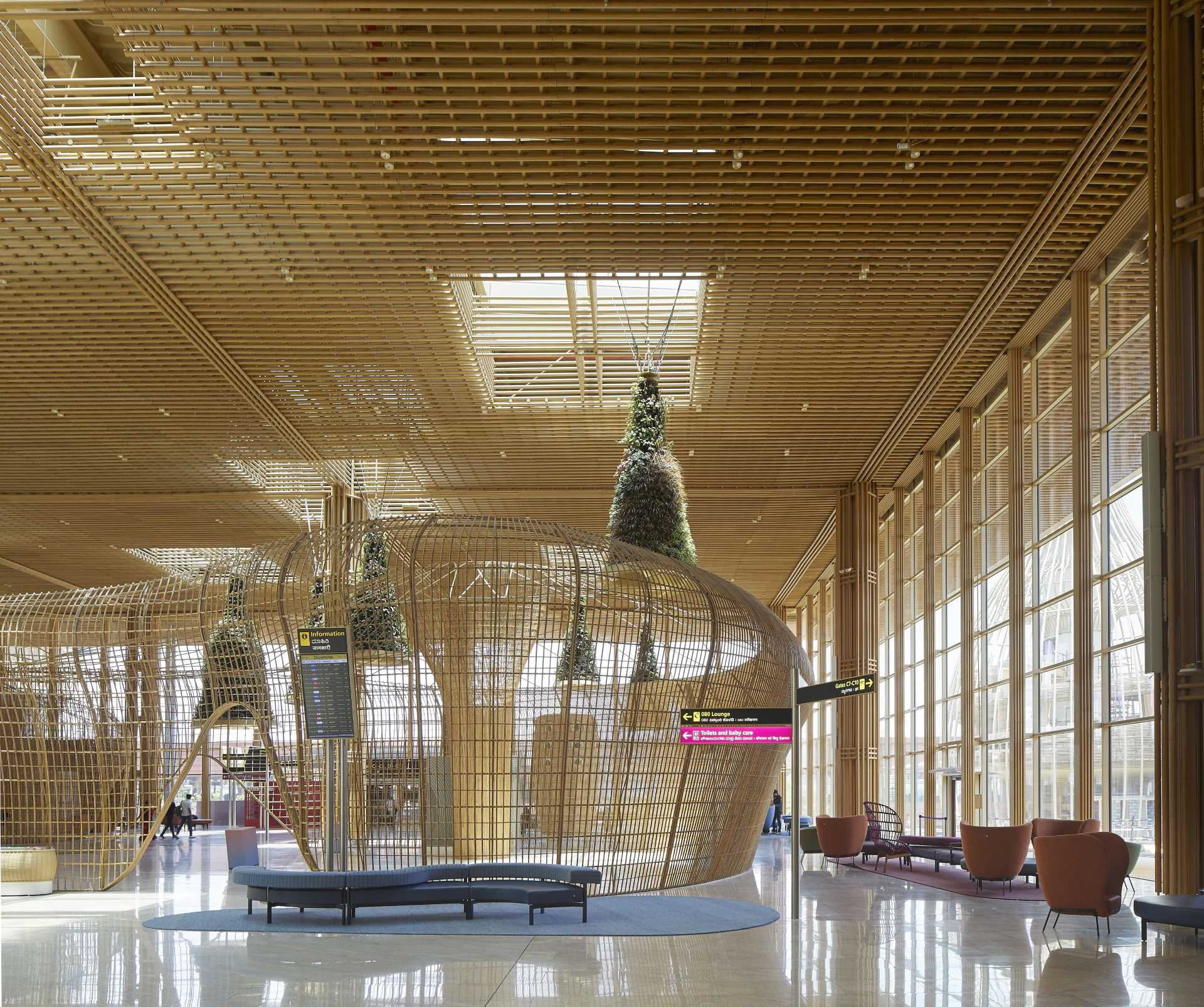 The interior of Bengaluru International Airport features over 5 miles (9km) of rattan that makes up pods and sculptures.