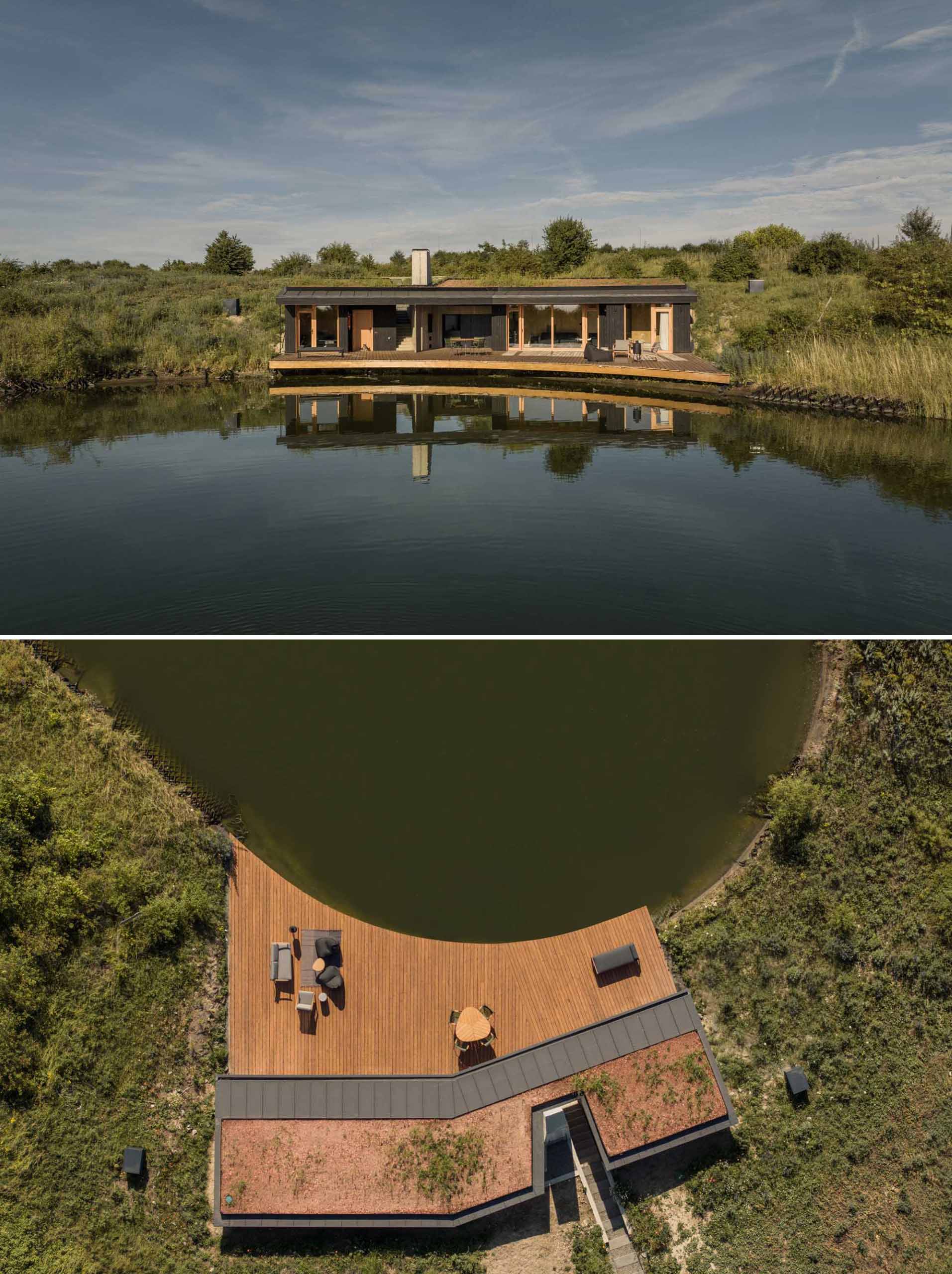 Situated next to a fishing pond, this small home acts as a retreat for the owners and is dug into a mound, peeking out just enough to blend with the horizon.