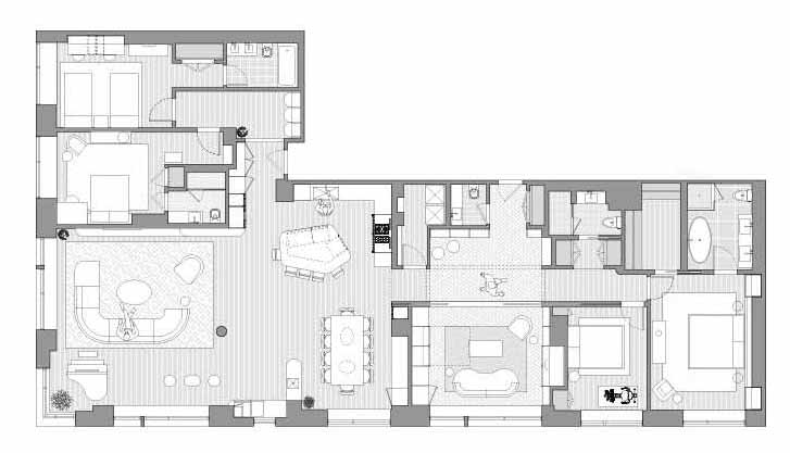 The floor plan of a modern and large apartment.