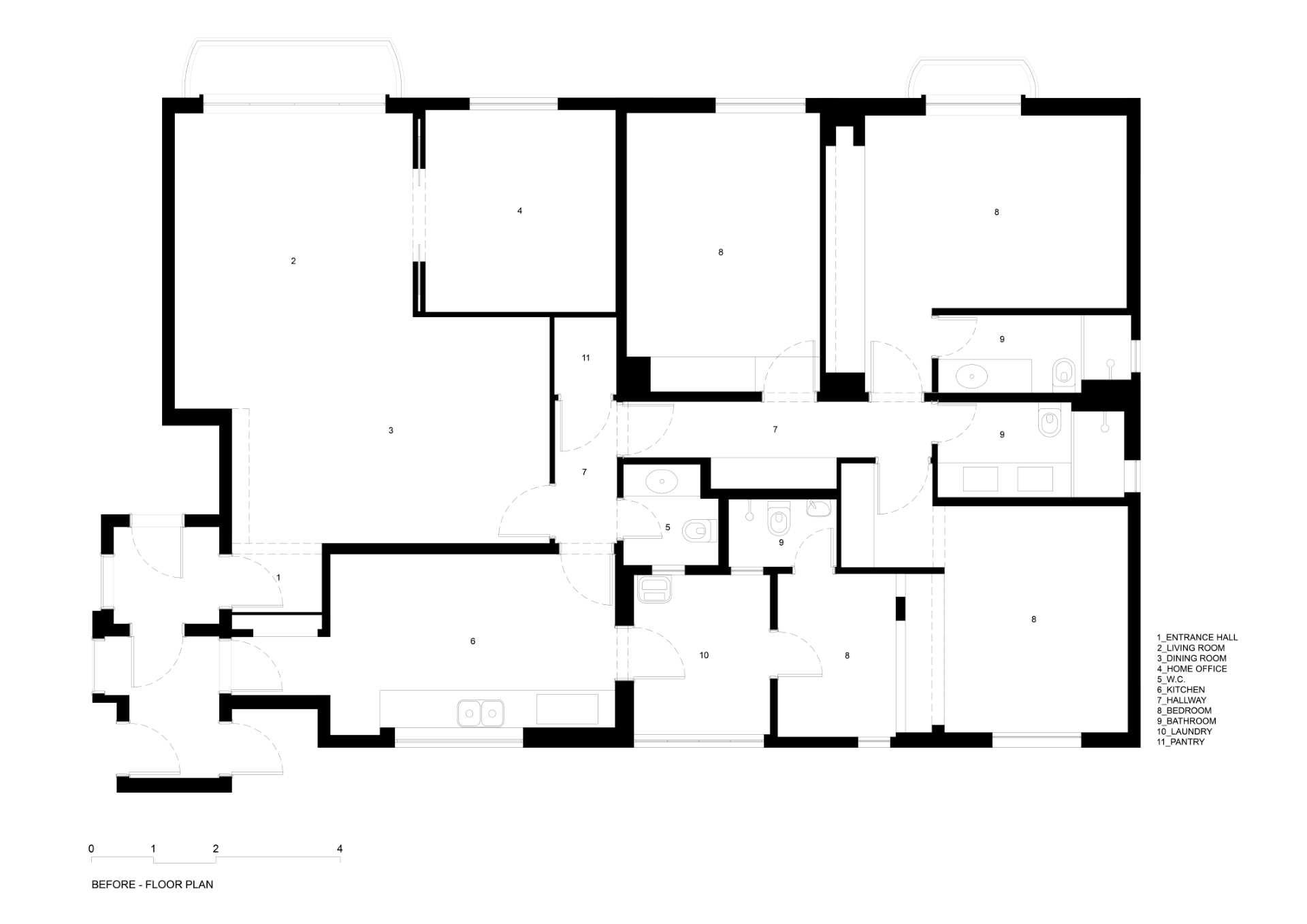 The original floor plan of a renovated apartment