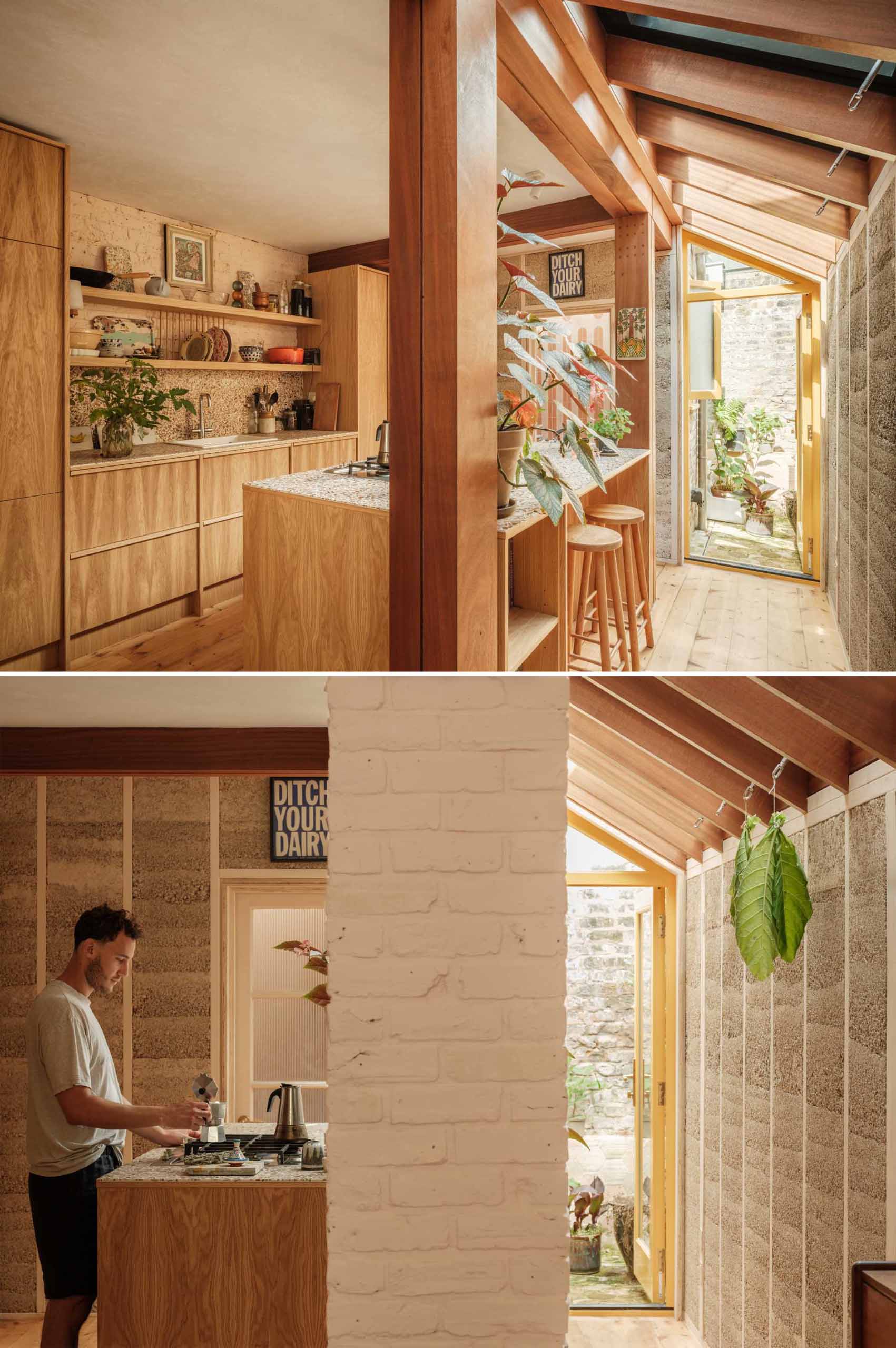 A new home extension displays unique hempcrete walls, a new kitchen, and hardwood framing.