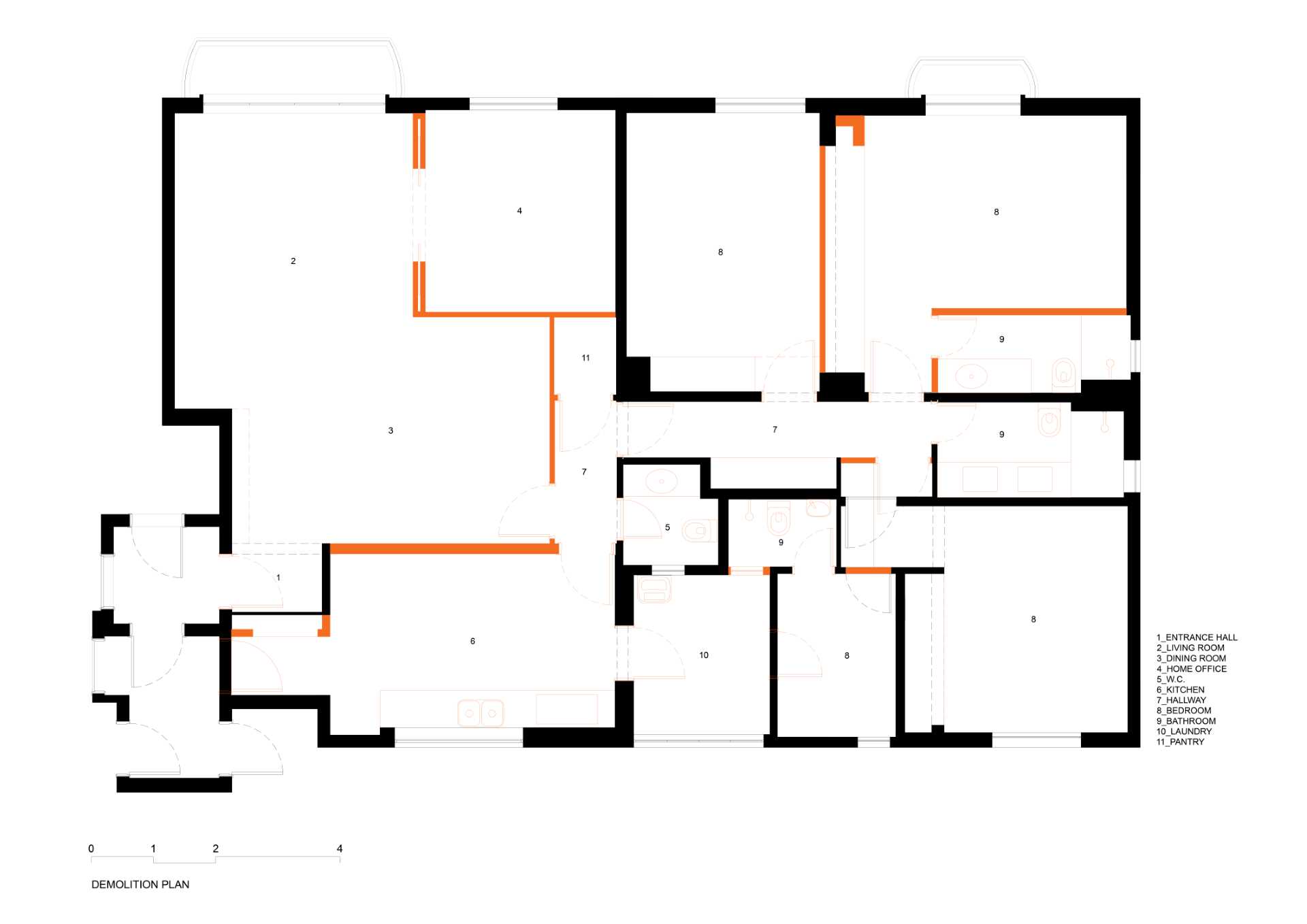 The demolition plan of a renovated apartment