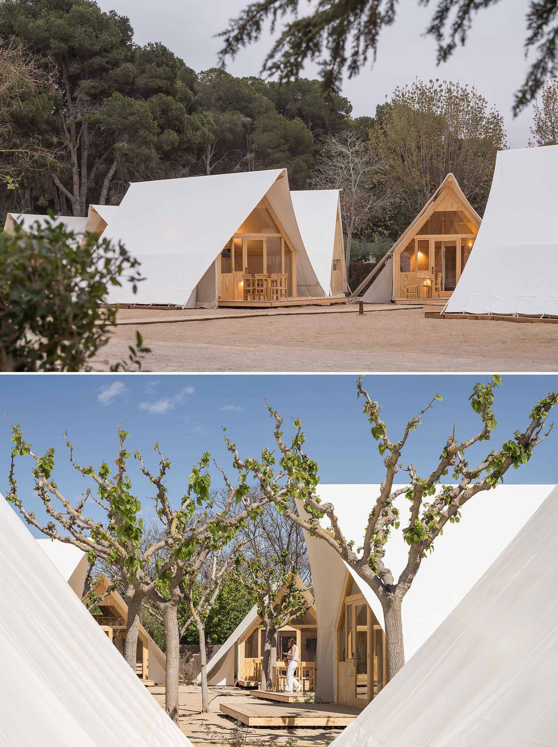 A modern glamping tent designed with a wood structure, windows, and white exterior.