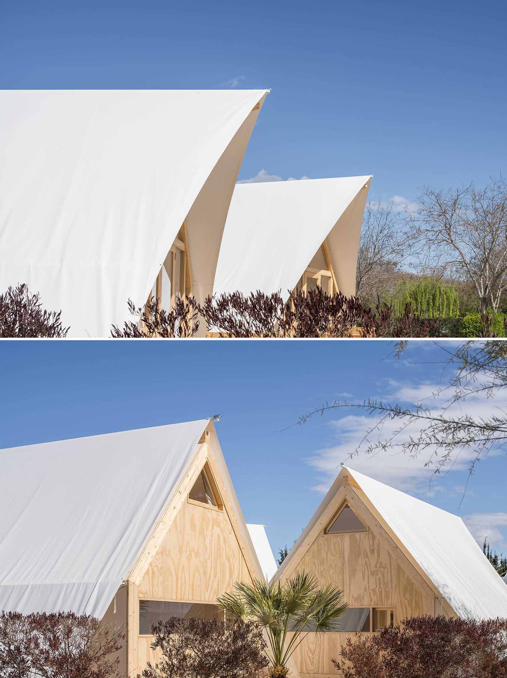 A modern glamping tent designed with a wood structure, windows, and white exterior.