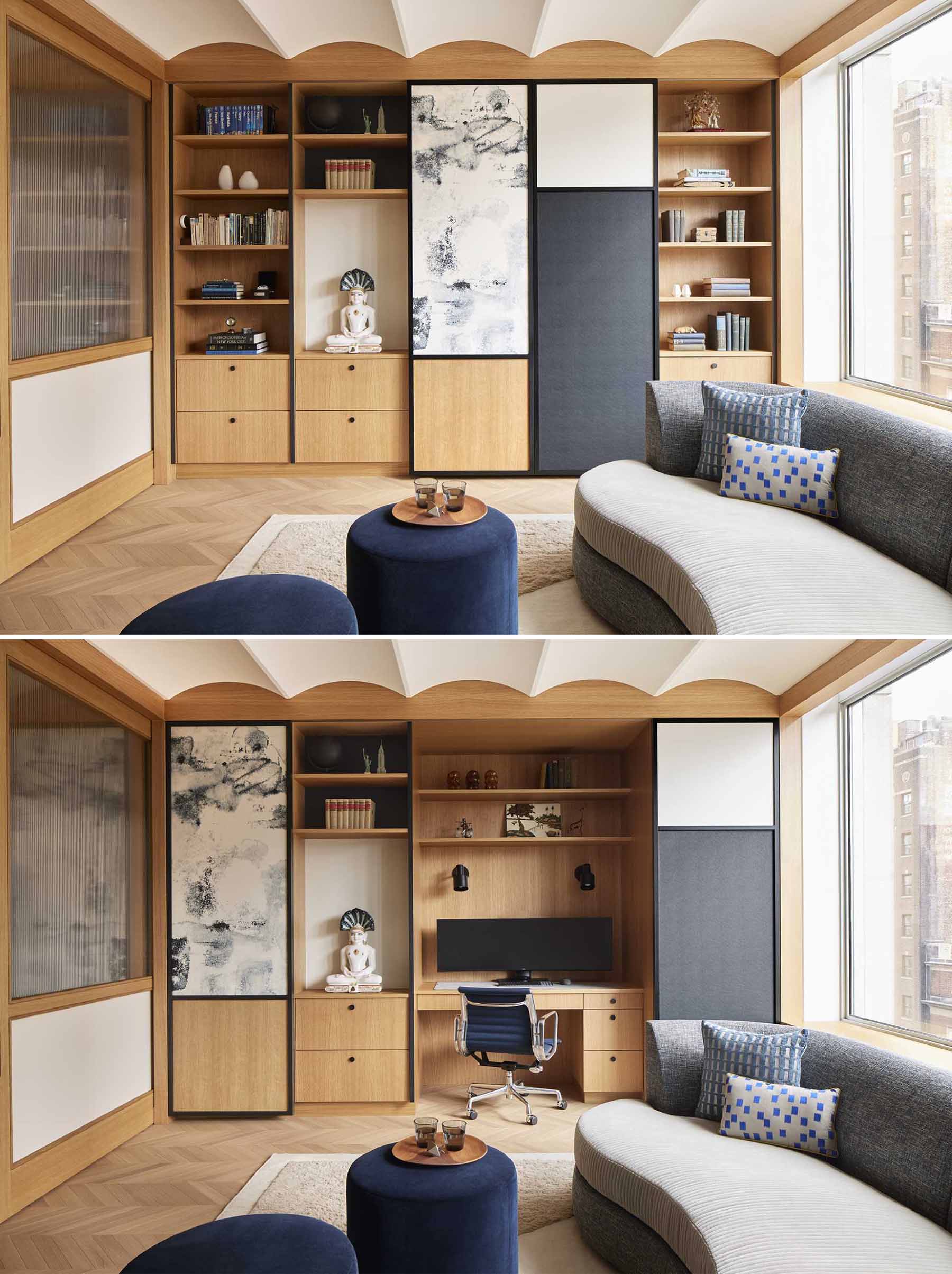 On one side of this home library, a small work-from-home office is concealed by sliding panels in deep blue, slate gray, and marbled patterning.