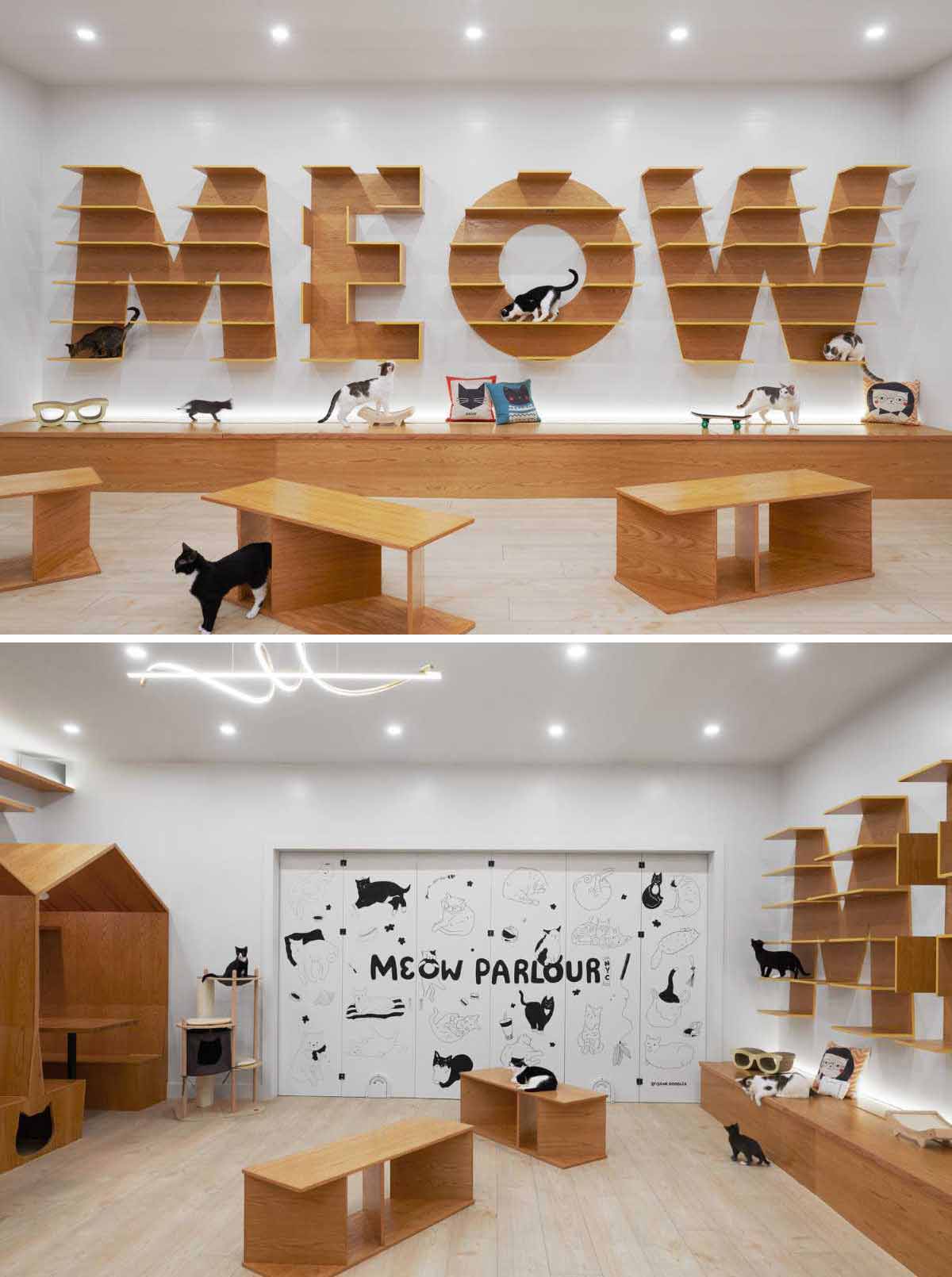 The interior of Meow Parlour, a modern cat cafe in New York.