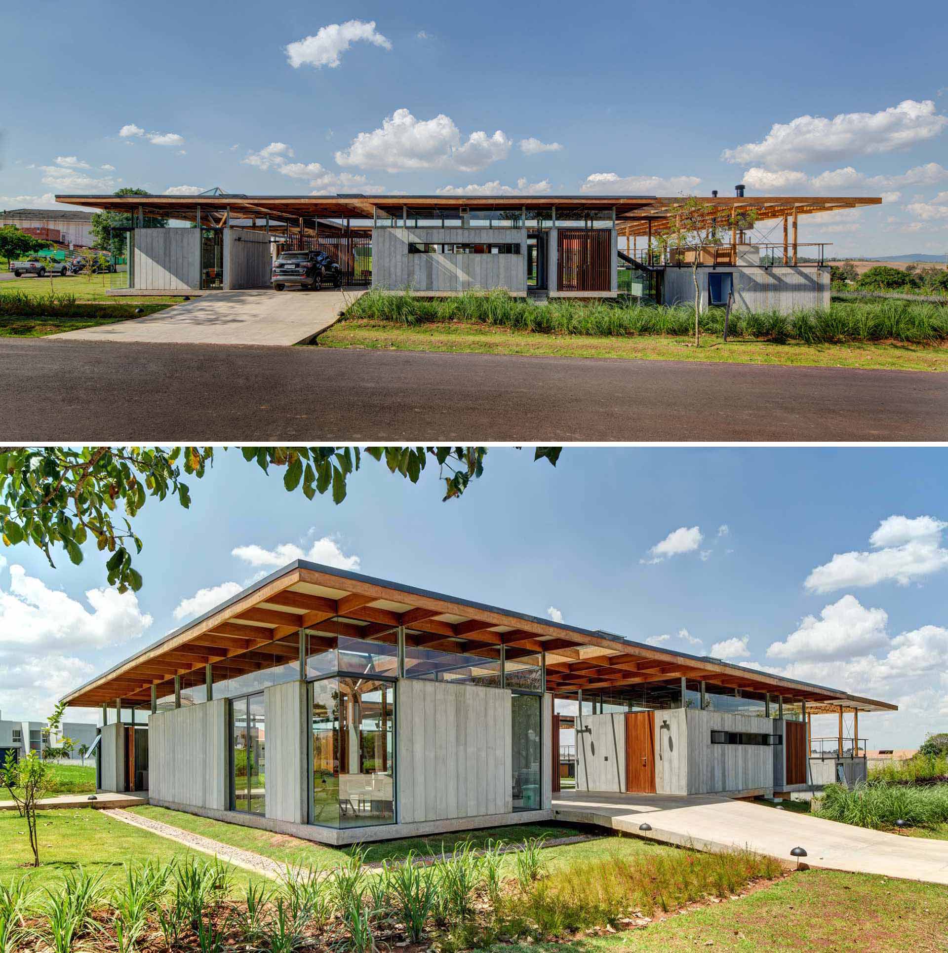 This modern home wraps around a courtyard with a swimming pool, with each room of the house having its own views, while the structure of the home is on full display.