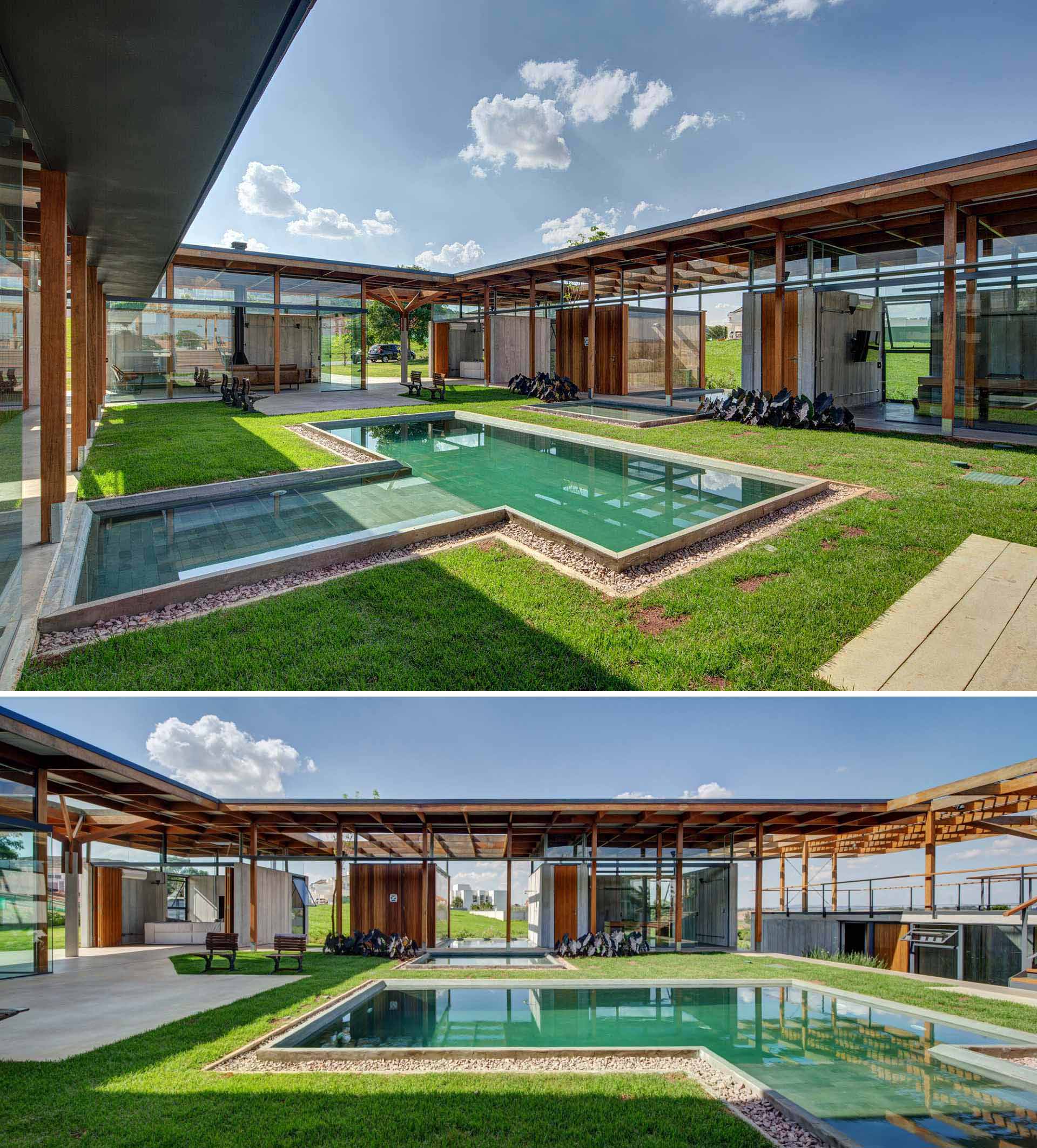 This modern home wraps around a courtyard with a swimming pool, with each room of the house having its own views, while the structure of the home is on full display.