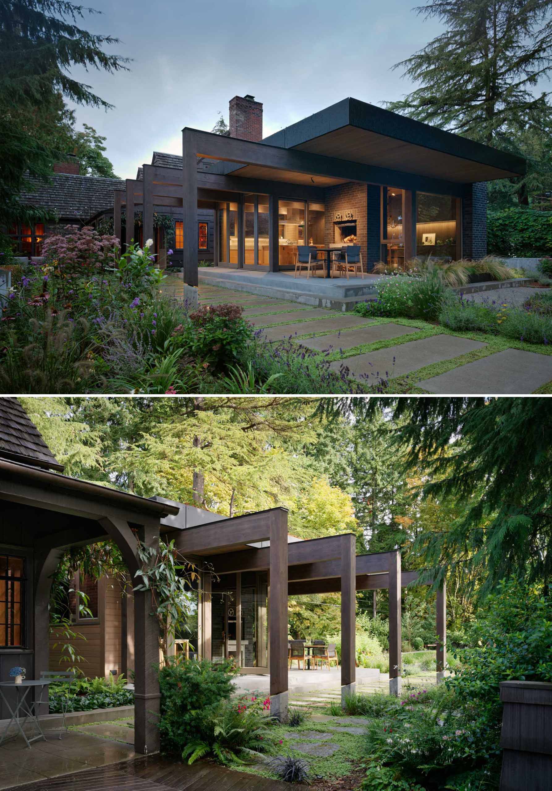 The heavy timber post-and-beam structure supporting the roof extends past the roof overhang to the west to continue the existing loggia outside the dining room of the existing house.