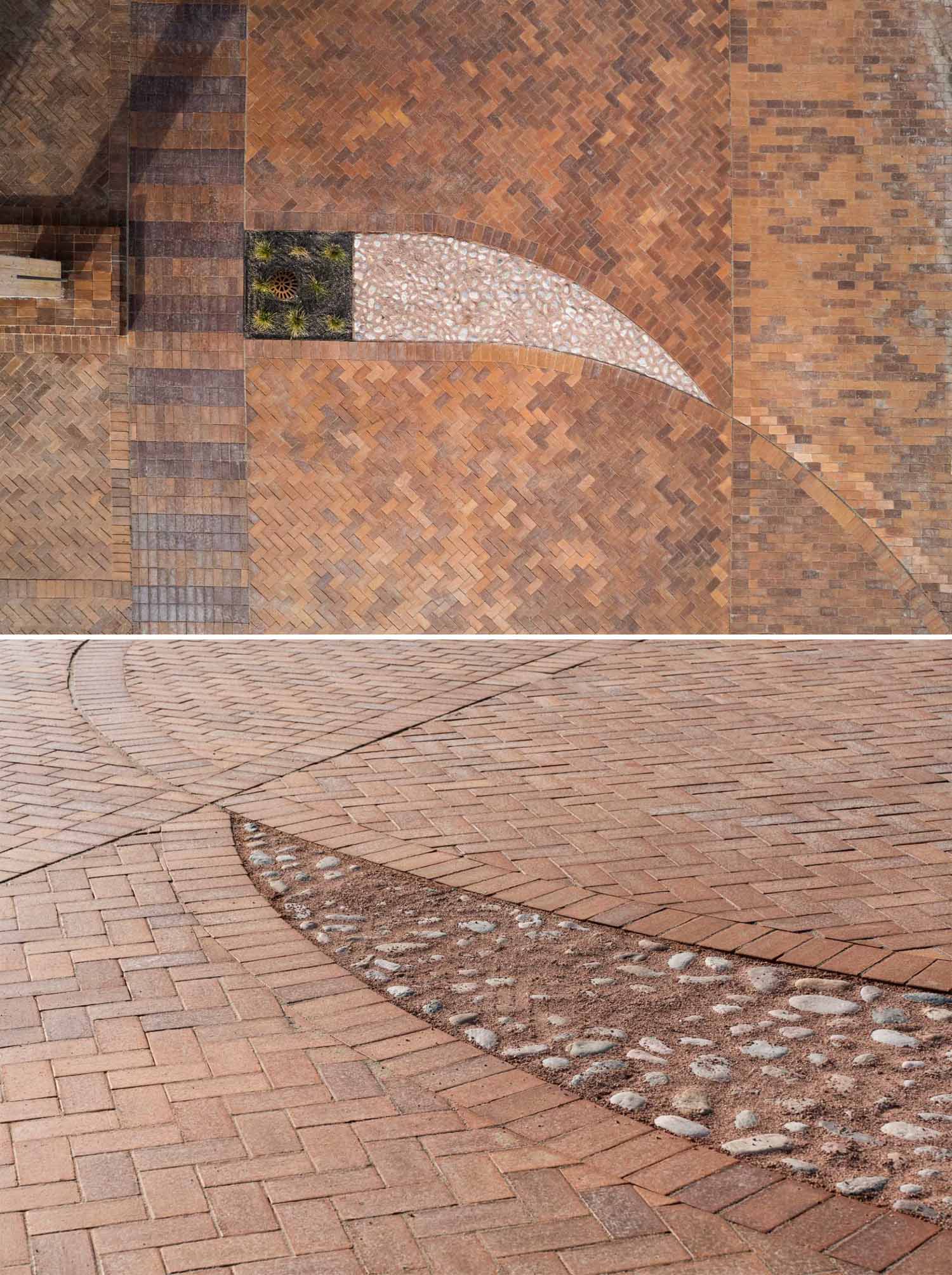 The brick paving and landscaping around a charging station.