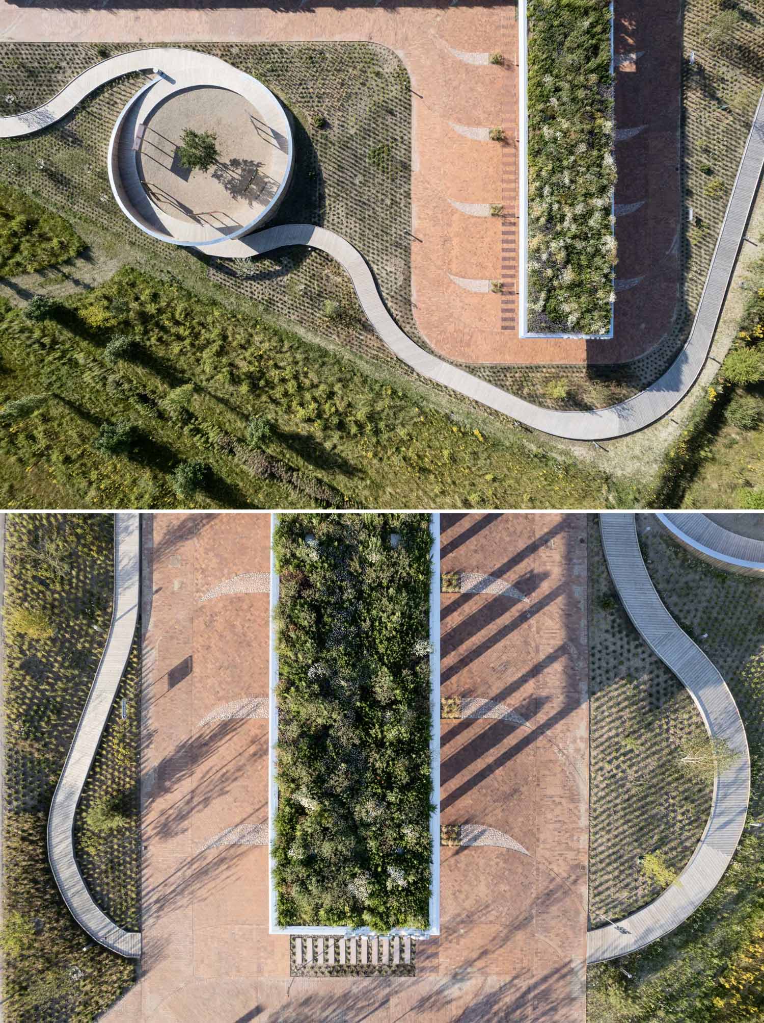 The brick paving and landscaping around a charging station that also includes a green roof.