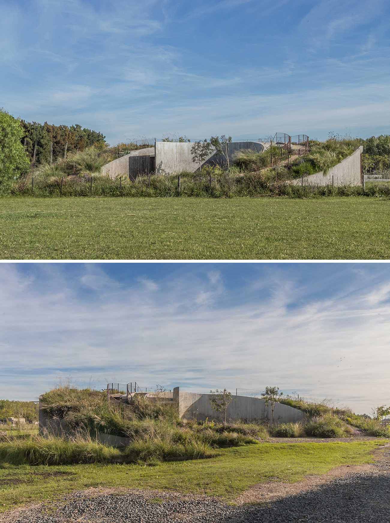 A curving contemporary home with a green roof, whose design was inspired by geometry and its surroundings.