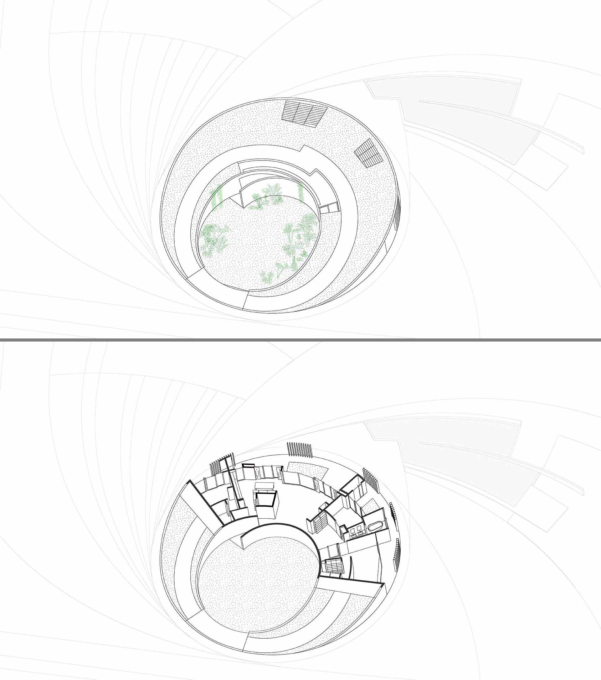 A curving contemporary home with a green roof, whose design was inspired by geometry and its surroundings.