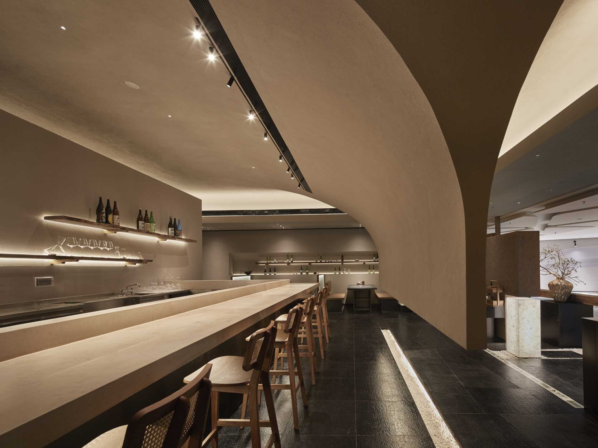 The interior design of a Japanese-inspired restaurant.