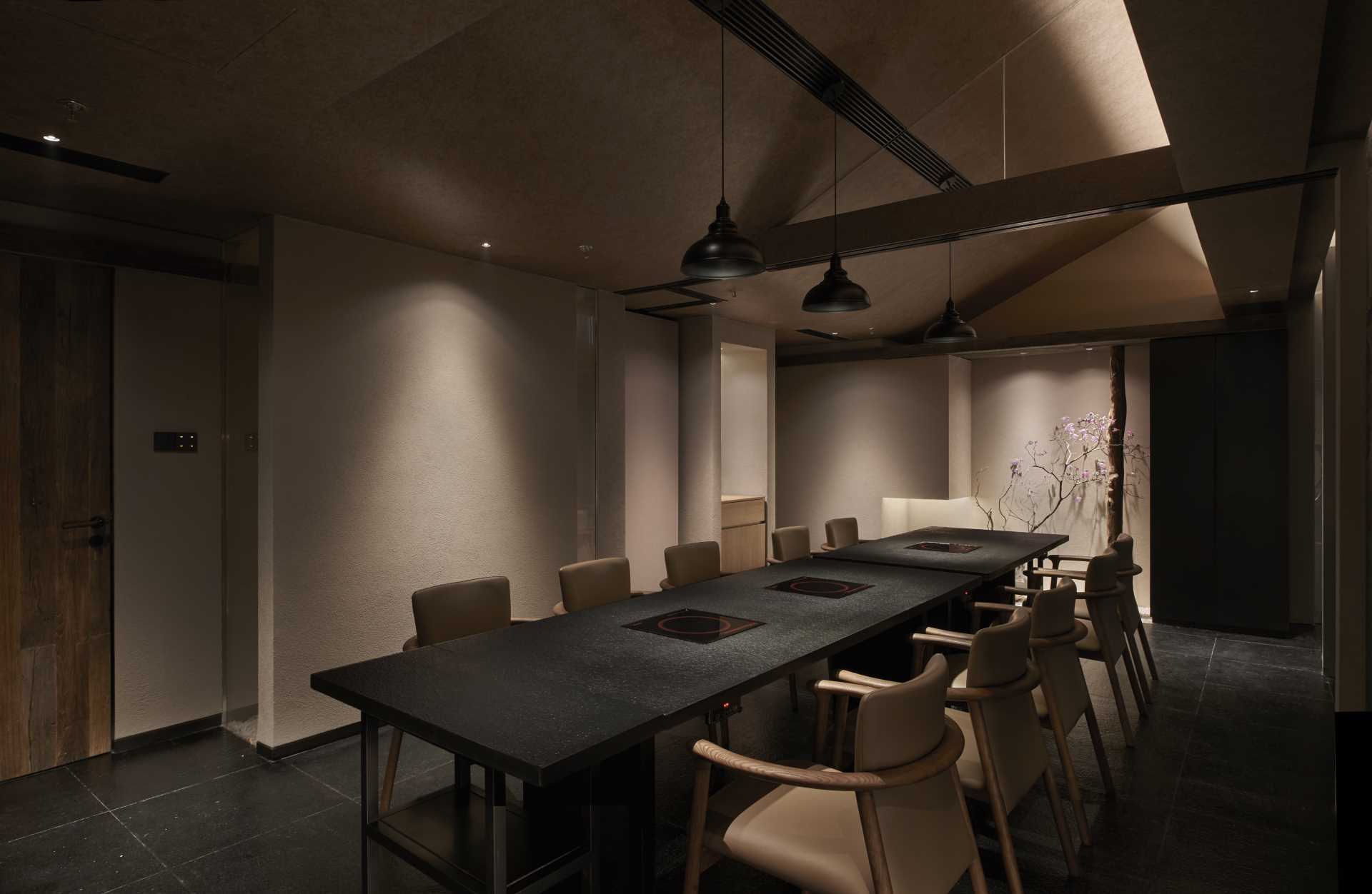 The interior design of a Japanese-inspired restaurant.