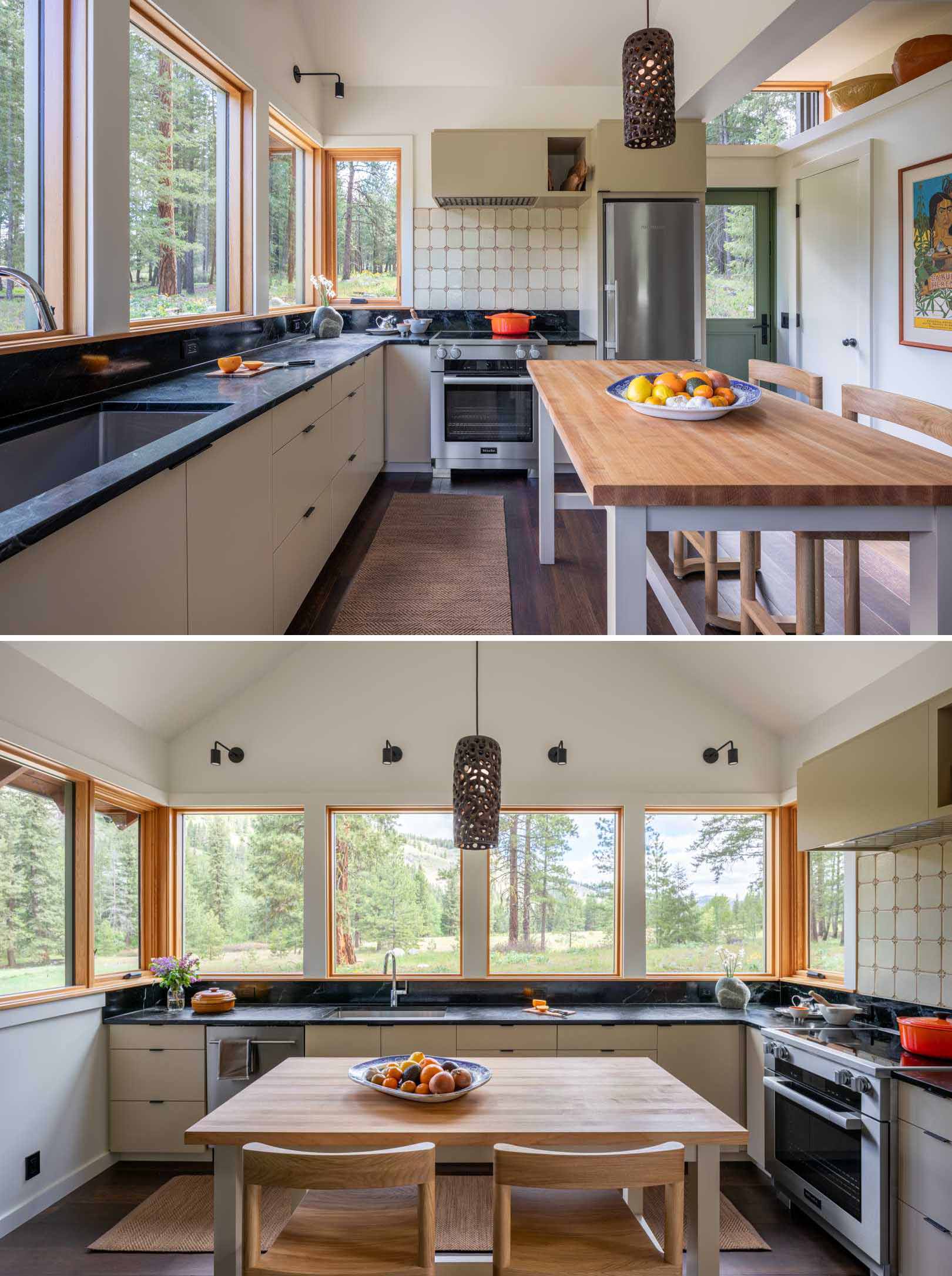 A sizeable kitchen has plenty of counter space, while the windows provide an abundance of natural light.