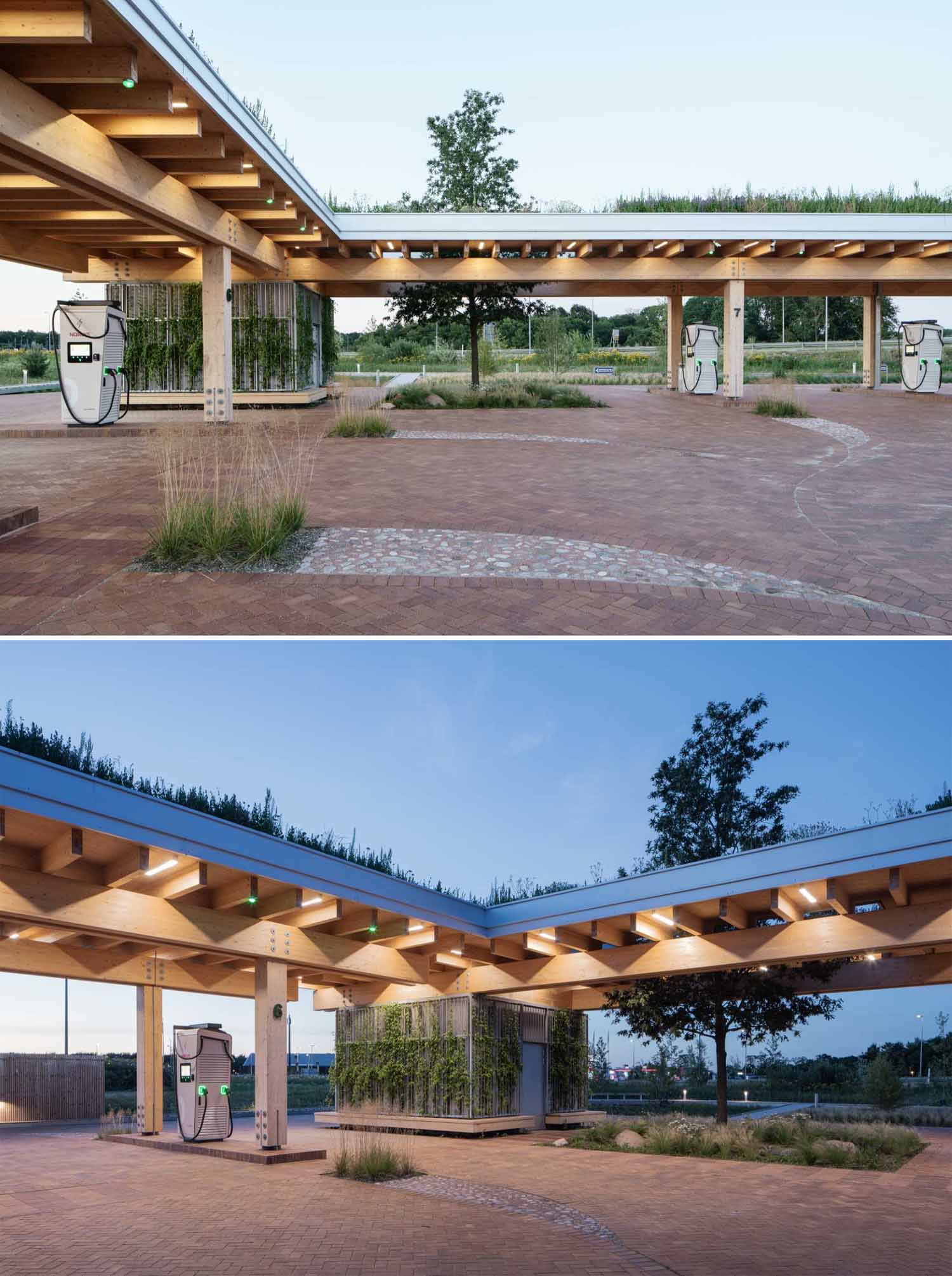 A contemporary charging station that includes a wood structure and a green roof.