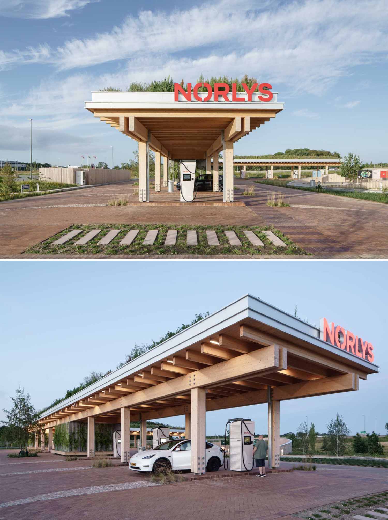 A contemporary charging station that includes a wood structure and a green roof.