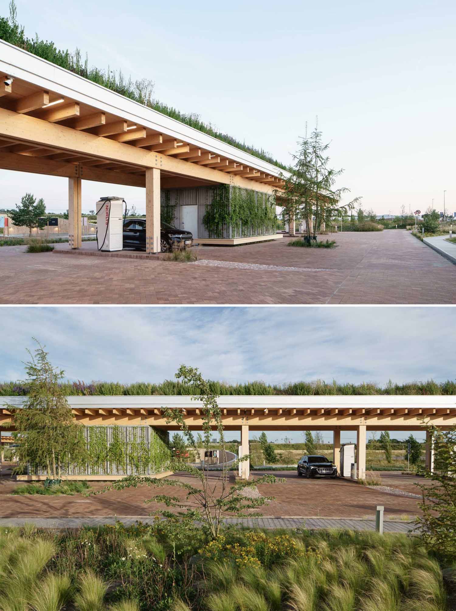 A contemporary charging station that includes a wood structure and a green roof.