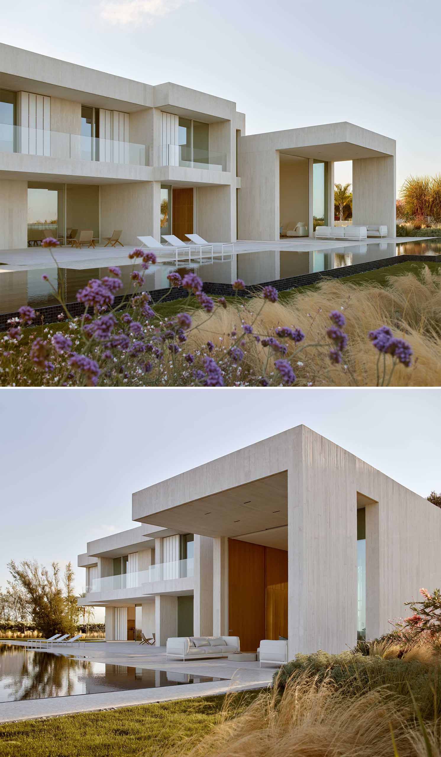 Large overhangs and a system of slats protect this modern house from salt residue, sun exposure, and prying eyes from the beach.