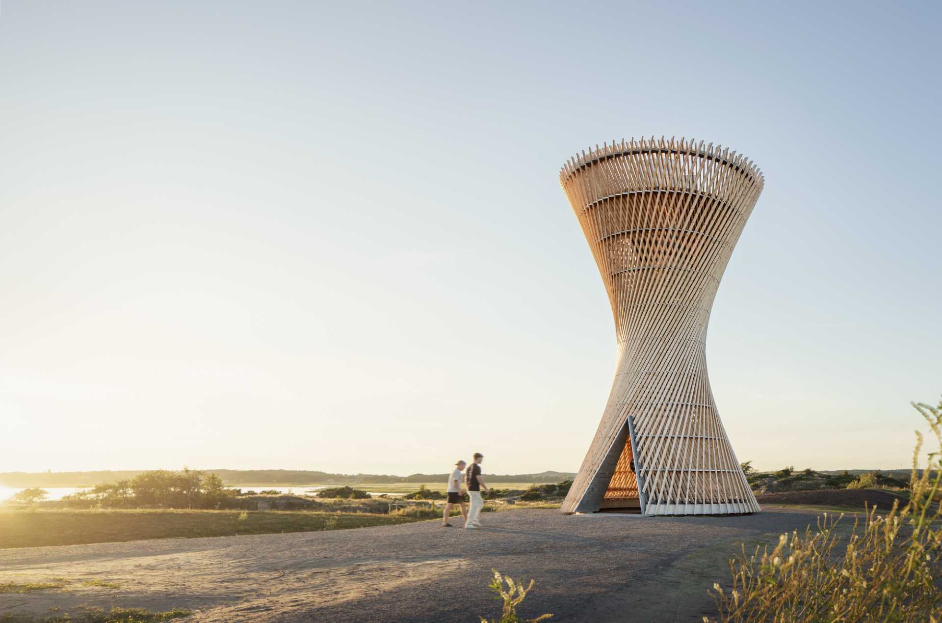 An observation tower in Sweden that looks like twisted wood.