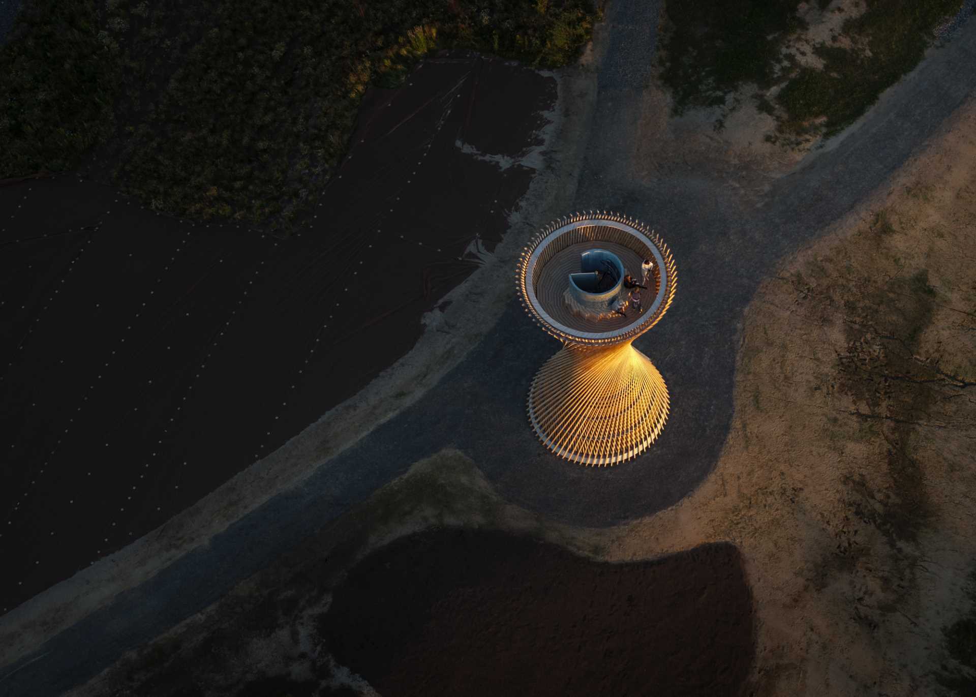 An observation tower in Sweden that looks like twisted wood.