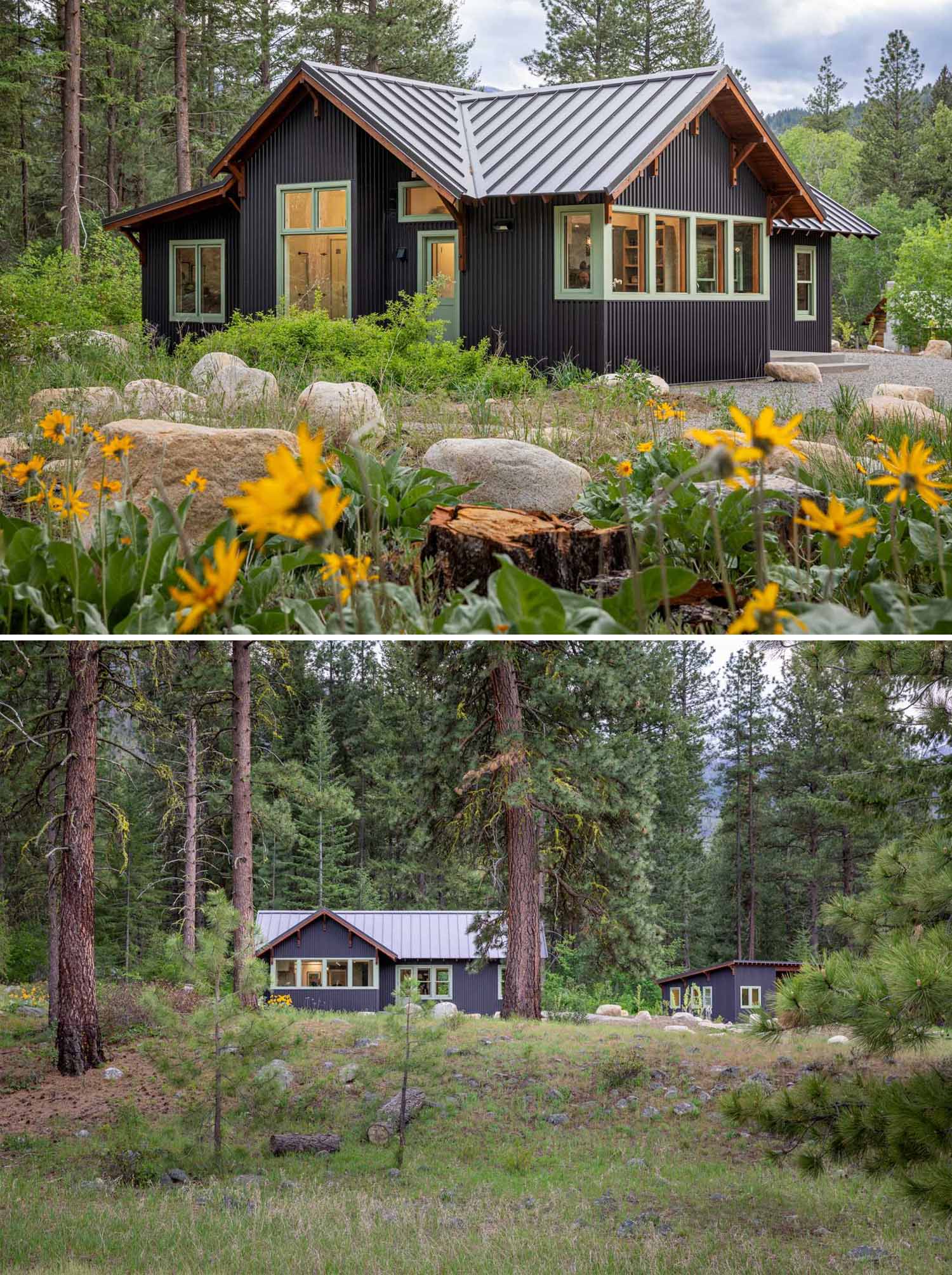 Metal roofing, siding, and a gravel skirt were chosen for this small house to reduce wildfire risk, and native plantings attract and support local birds and wildlife.