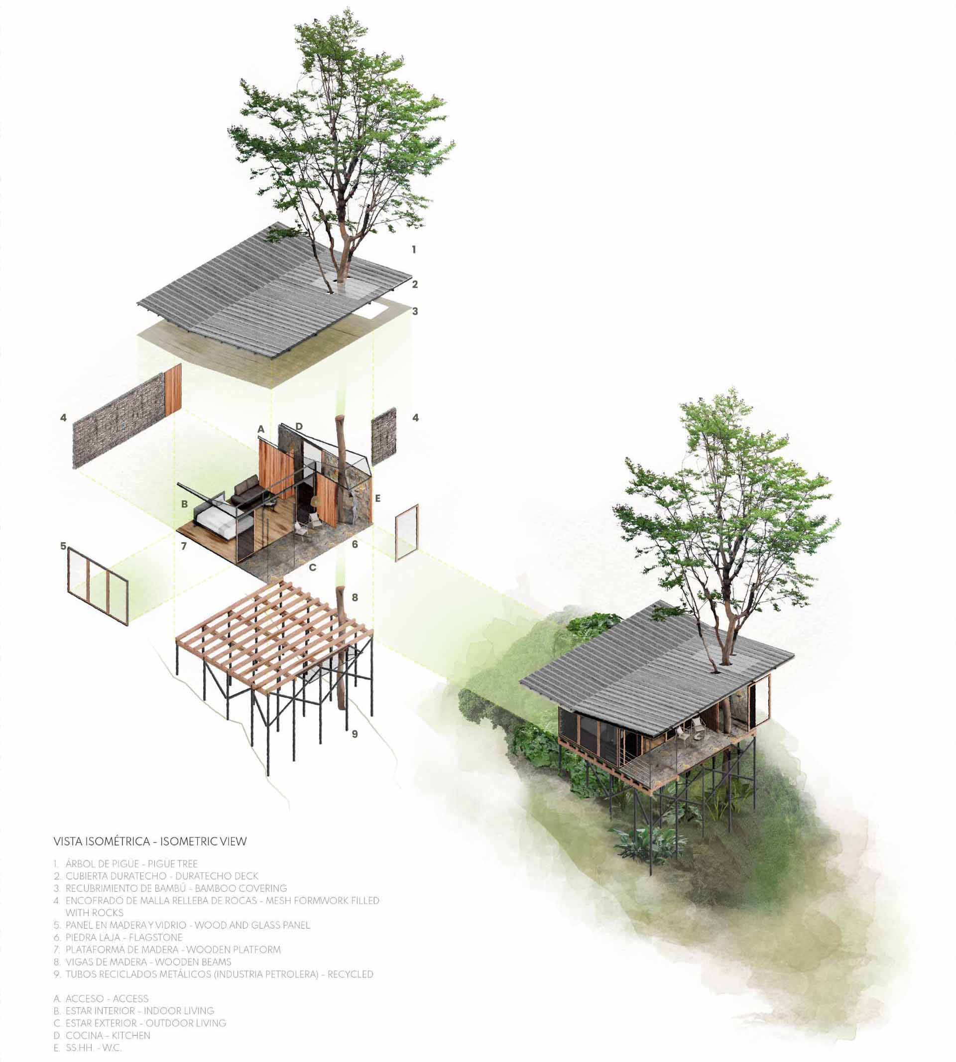 Architectural drawings of a room in the jungle that includes a sleeping area, bathroom, and a balcony.